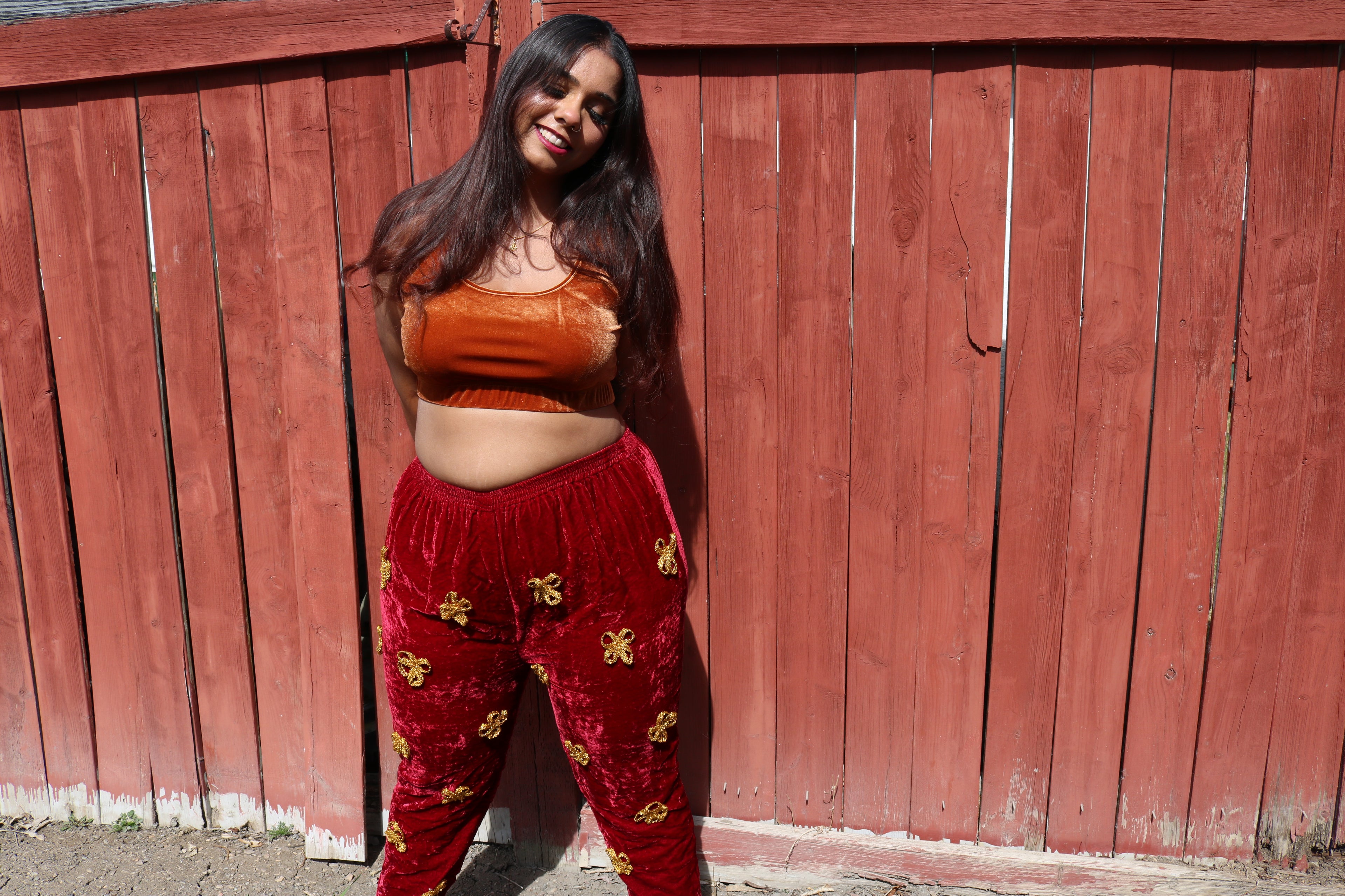 Scarlet Velvet with Gold Flowers Pants