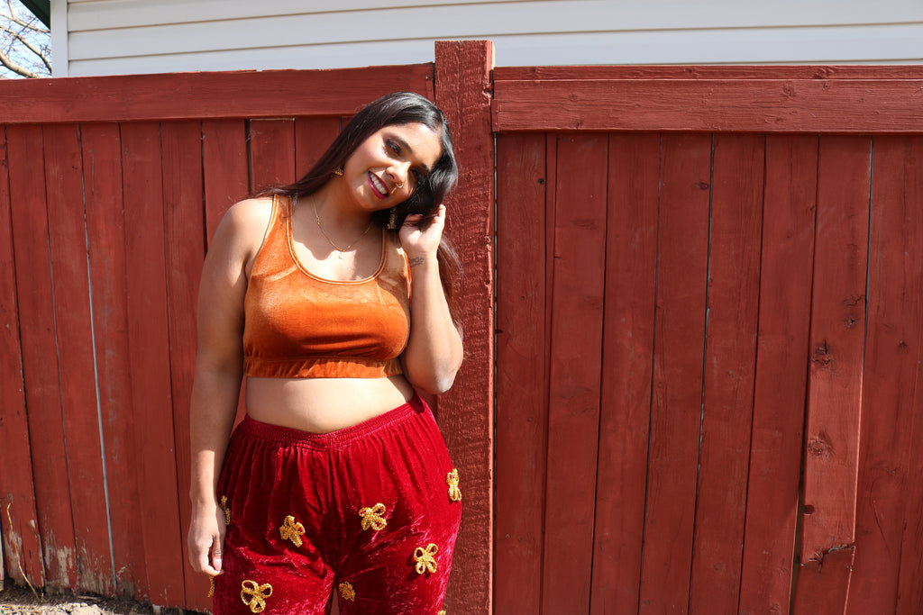 Scarlet Velvet with Gold Flowers Pants