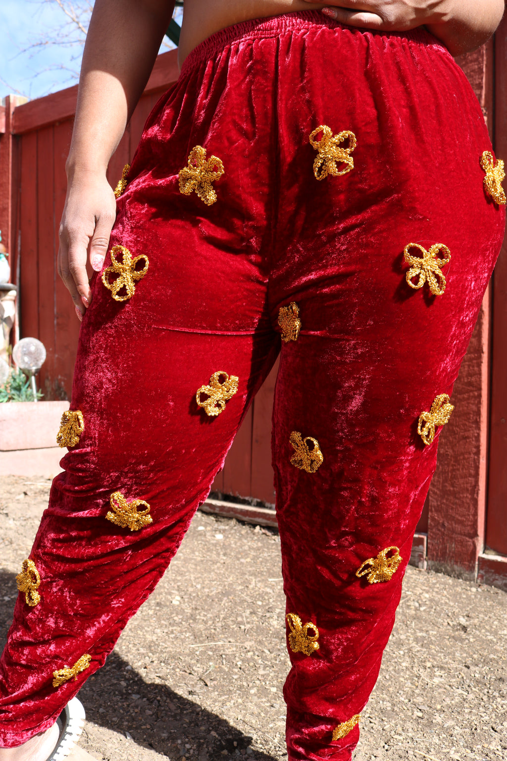 Scarlet Velvet with Gold Flowers Pants