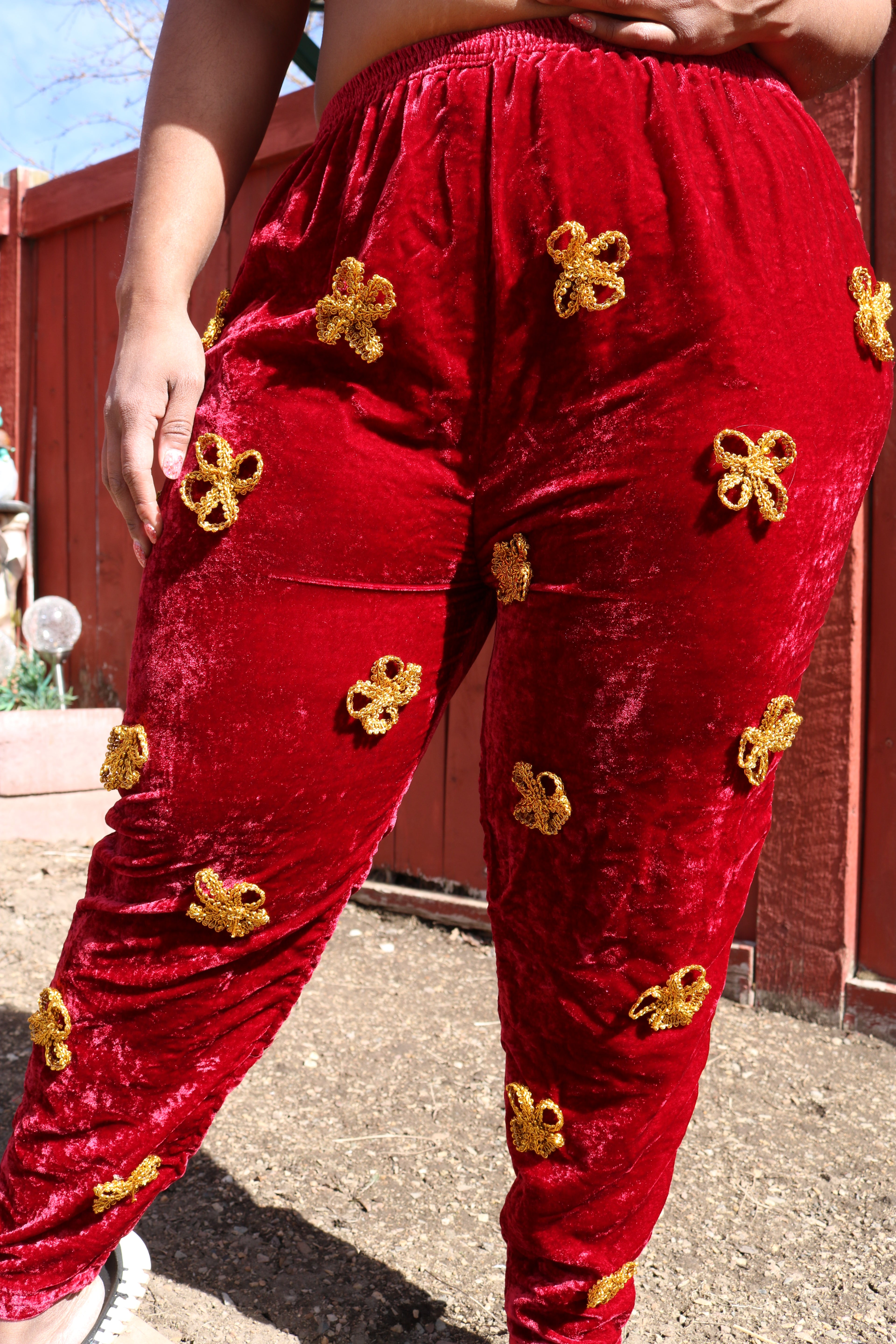 Scarlet Velvet with Gold Flowers Pants