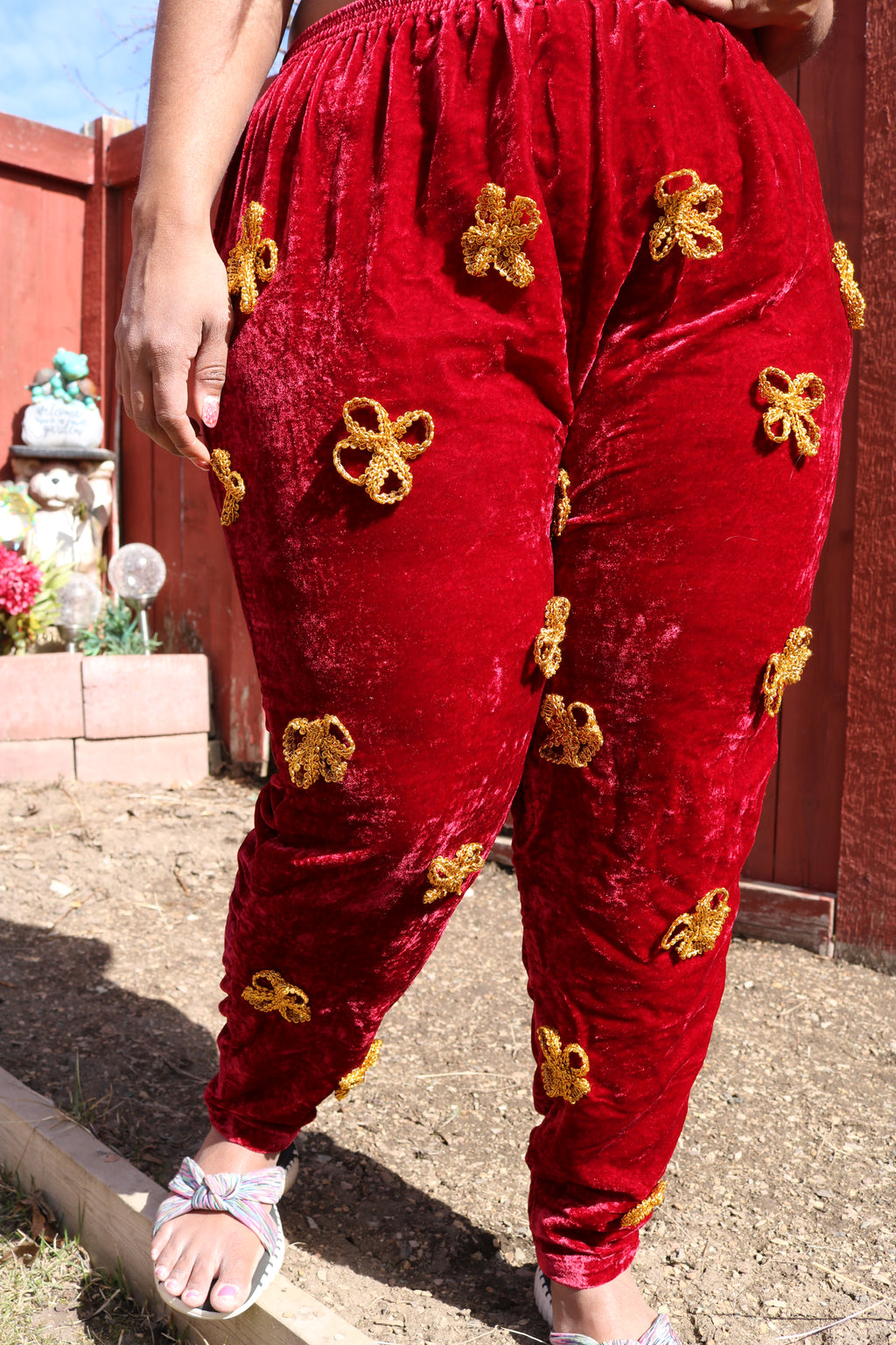 Scarlet Velvet with Gold Flowers Pants