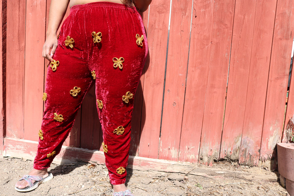 Scarlet Velvet with Gold Flowers Pants