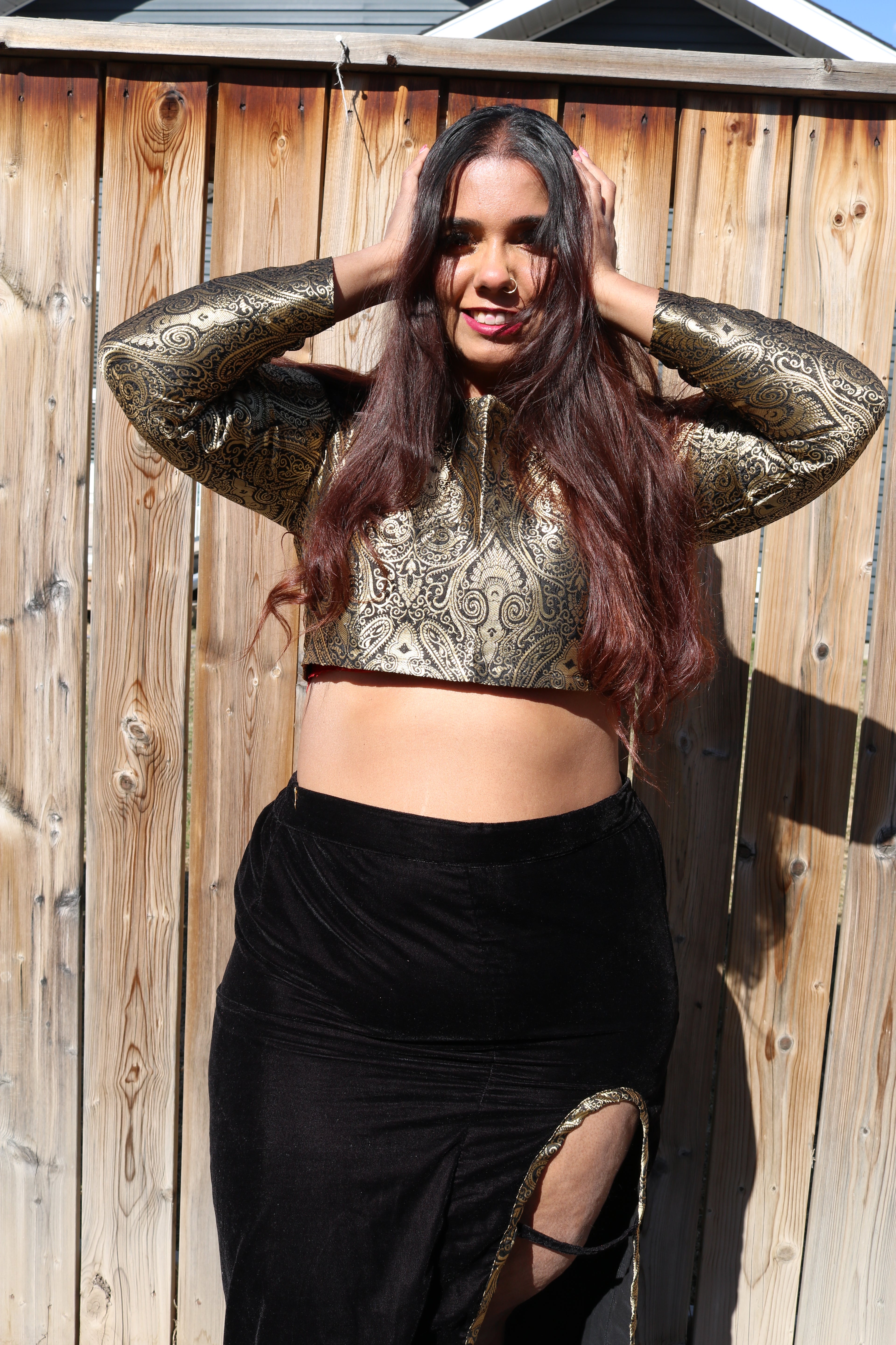Golden Goddess Long Sleeve Crop Top & High Waisted U Slit Skirt Set