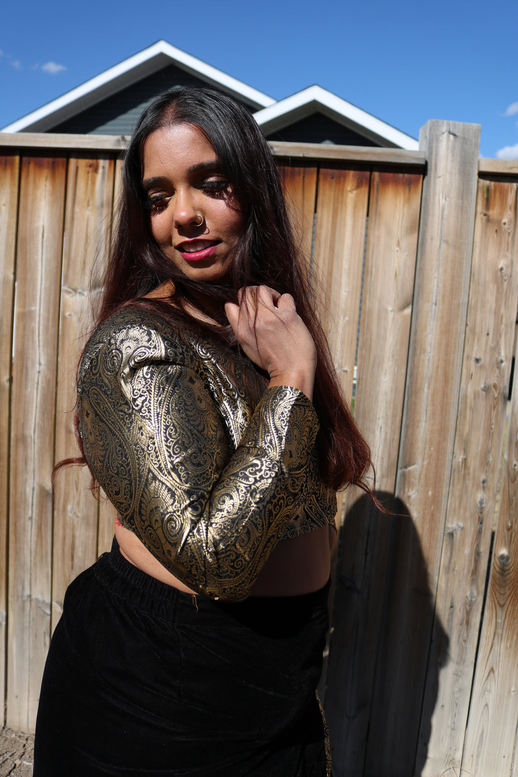 Golden Goddess Long Sleeve Crop Top & High Waisted U Slit Skirt Set