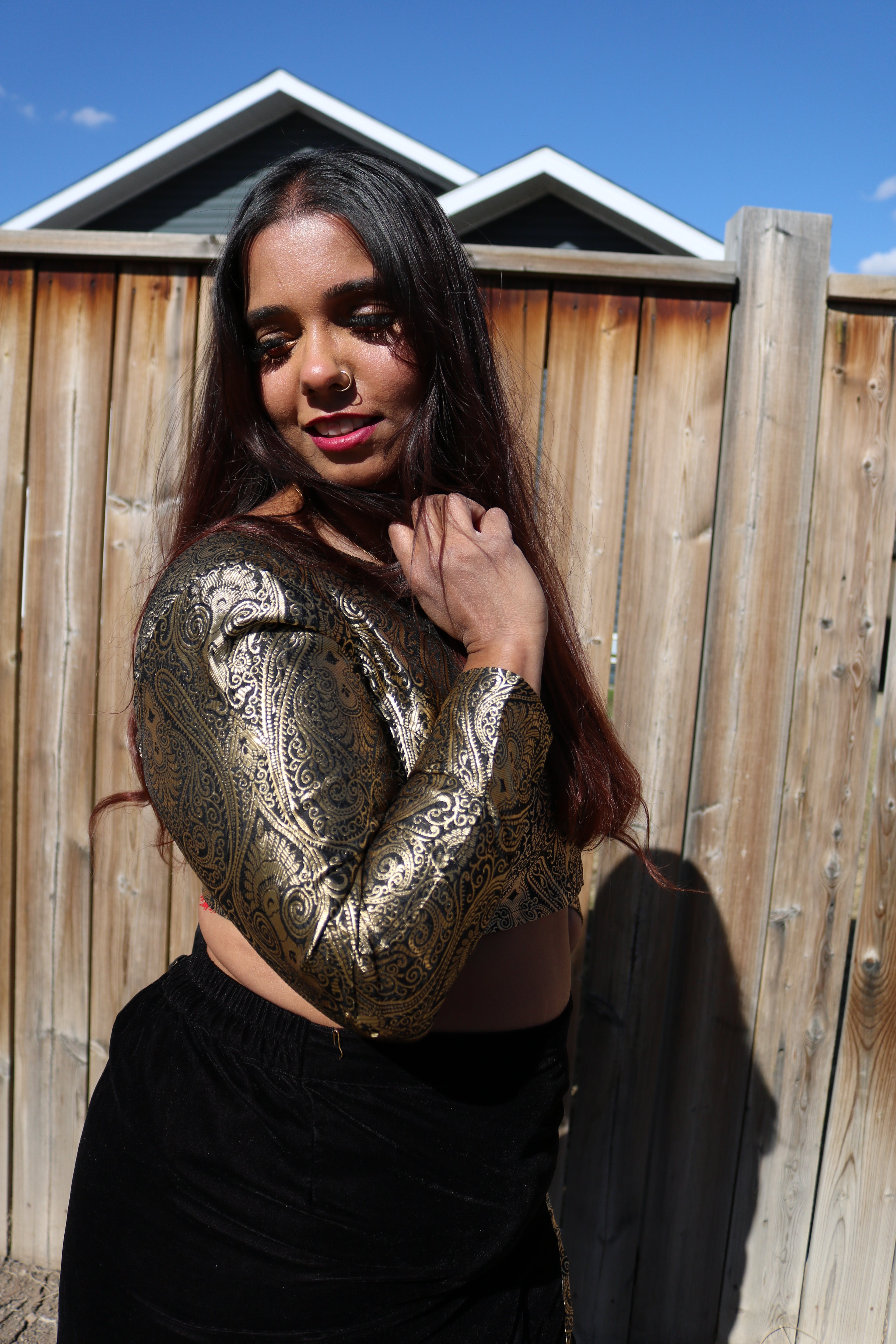 Golden Goddess Long Sleeve Crop Top & High Waisted U Slit Skirt Set