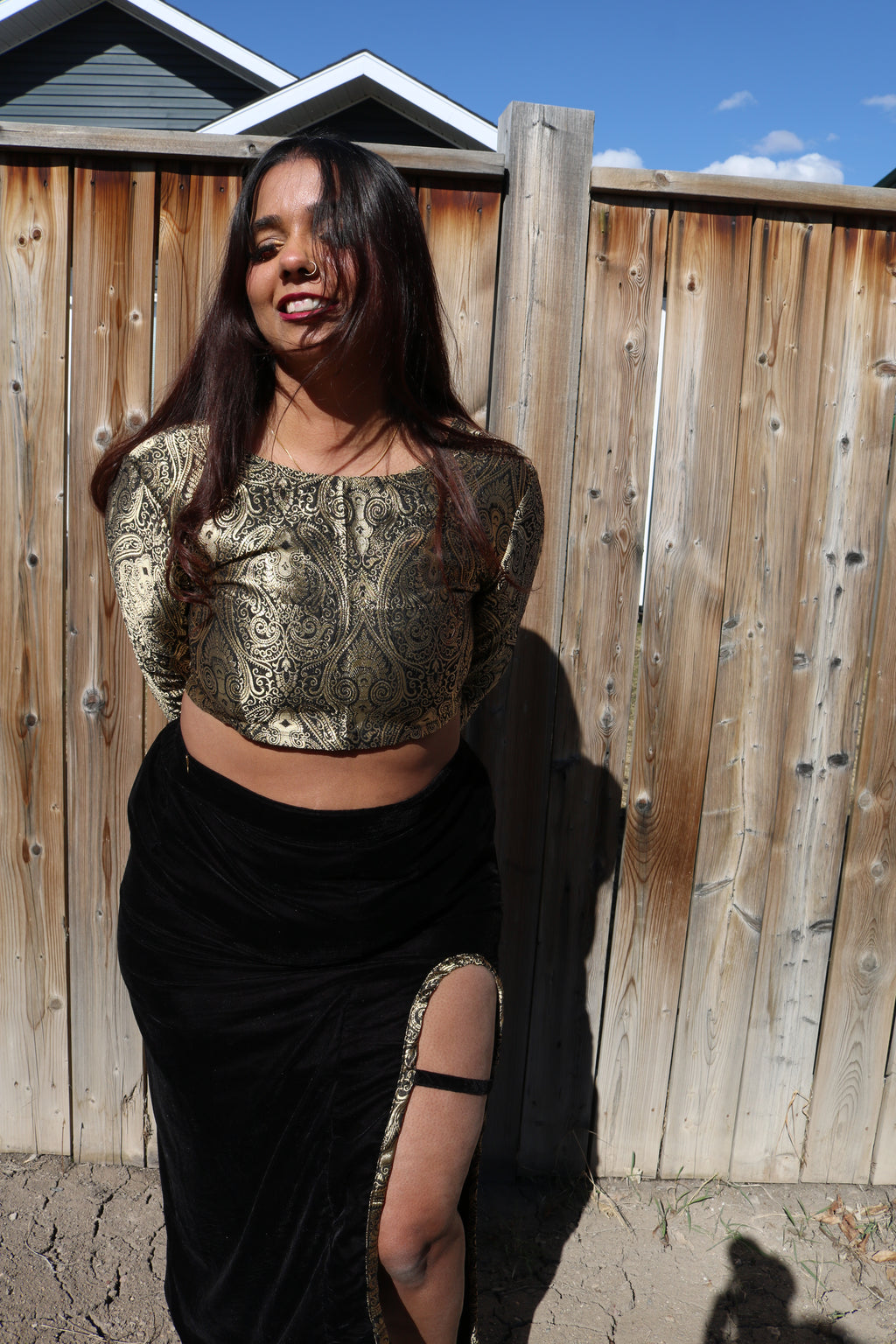 Golden Goddess Long Sleeve Crop Top & High Waisted U Slit Skirt Set