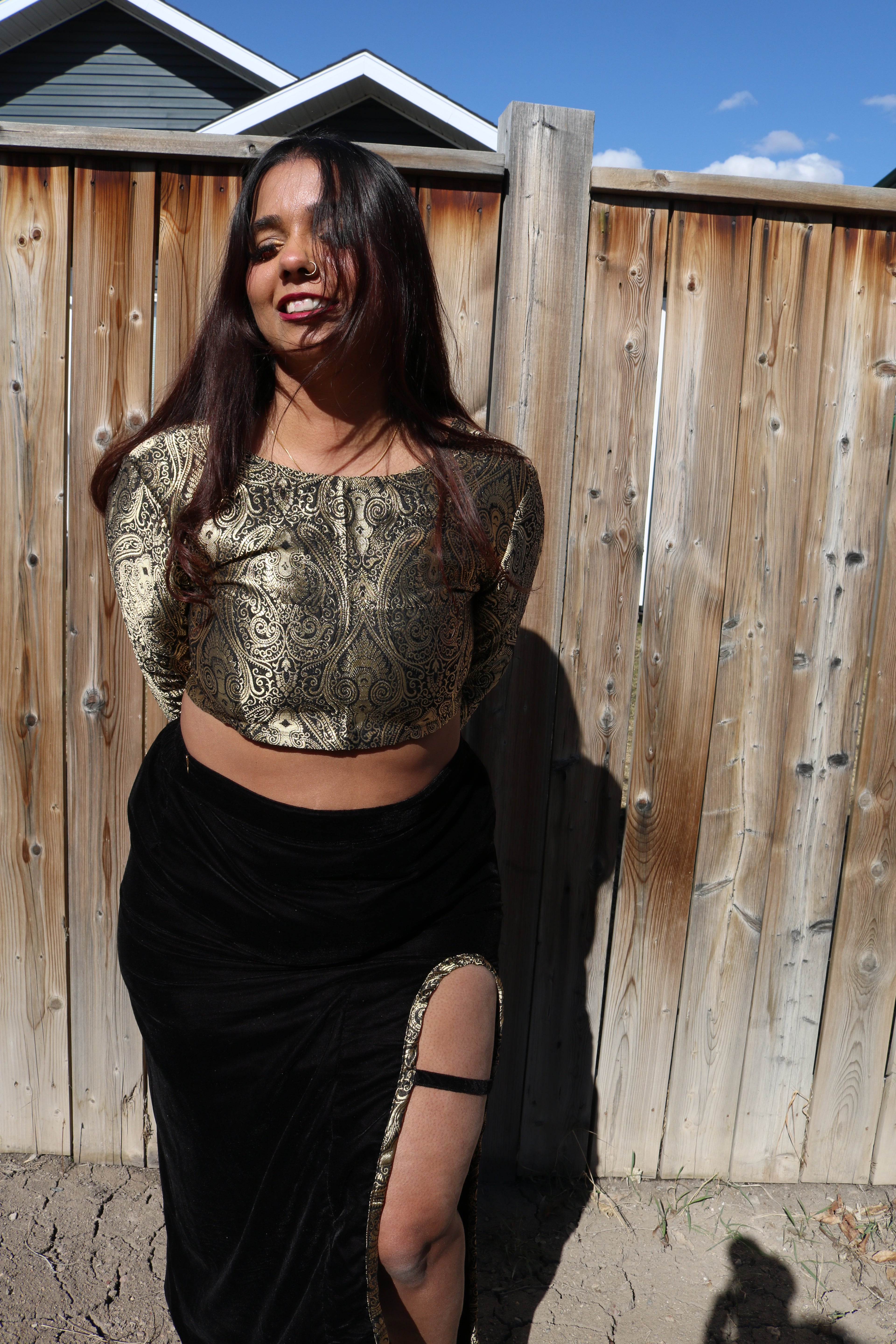 Golden Goddess Long Sleeve Crop Top & High Waisted U Slit Skirt Set