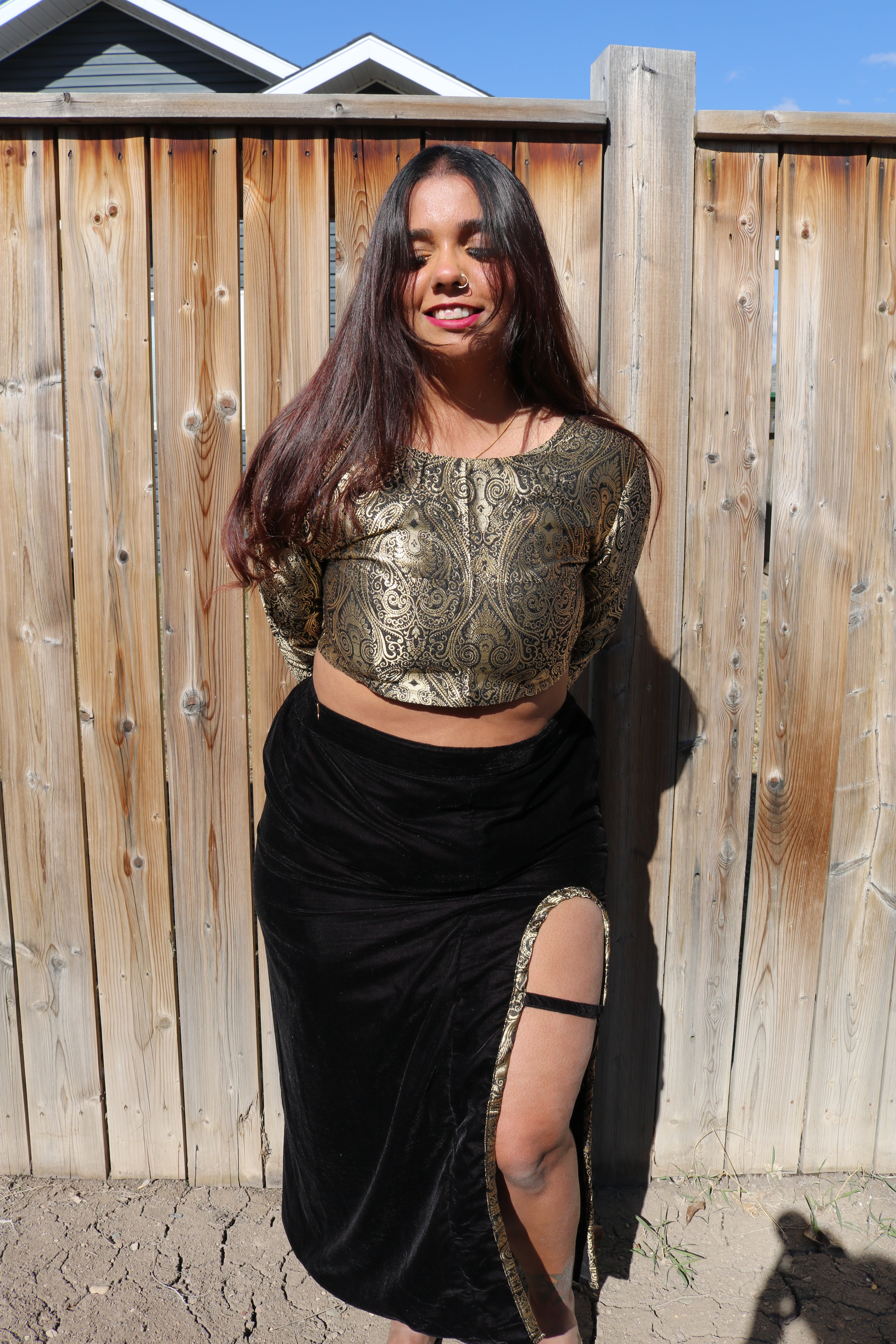 Golden Goddess Long Sleeve Crop Top & High Waisted U Slit Skirt Set