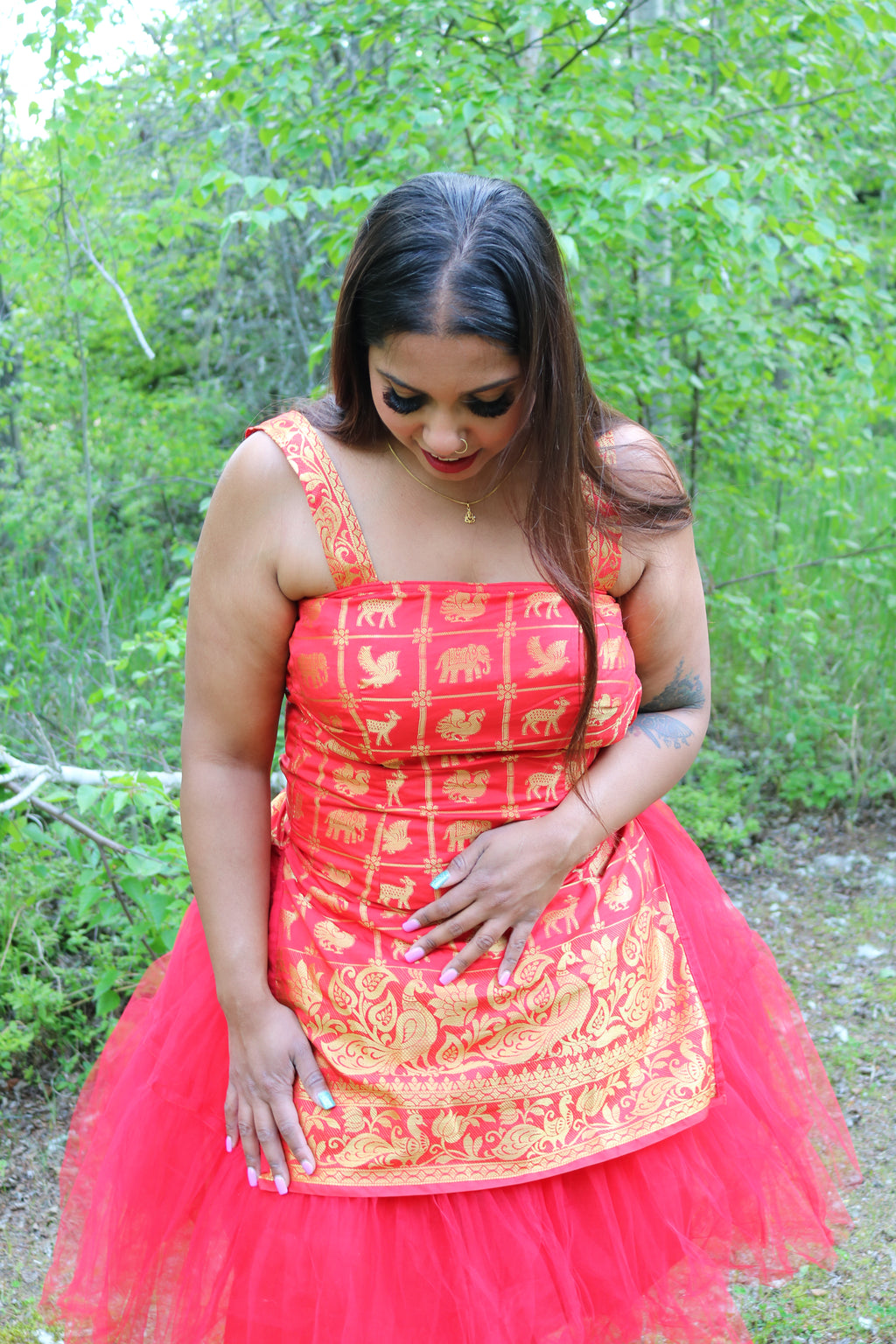 Golden Red Animals Above Knee Tulle Dress