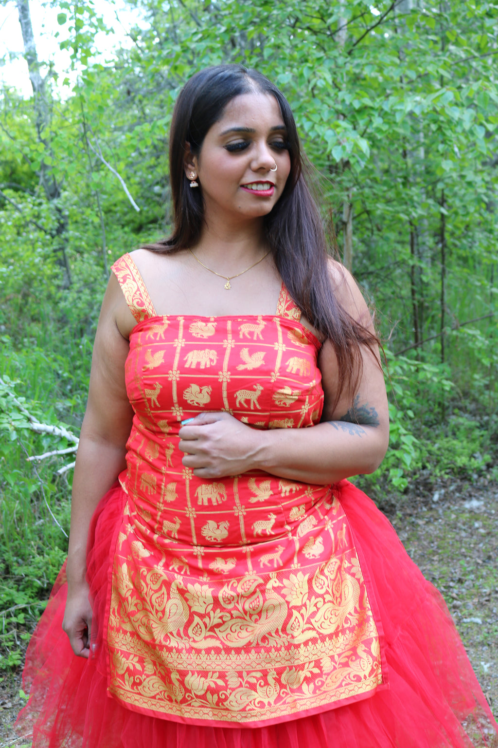 Golden Red Animals Above Knee Tulle Dress