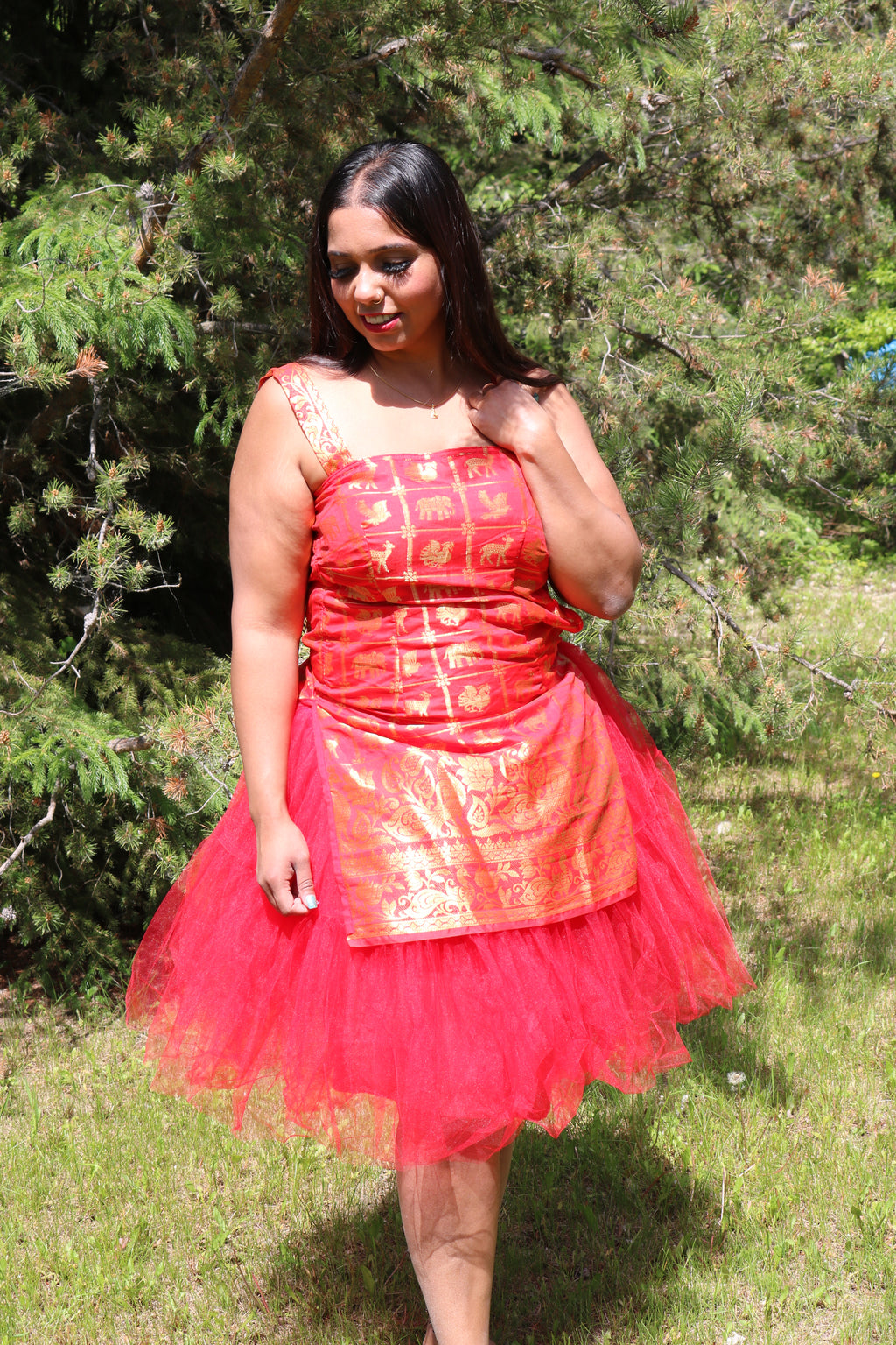 Golden Red Animals Above Knee Tulle Dress