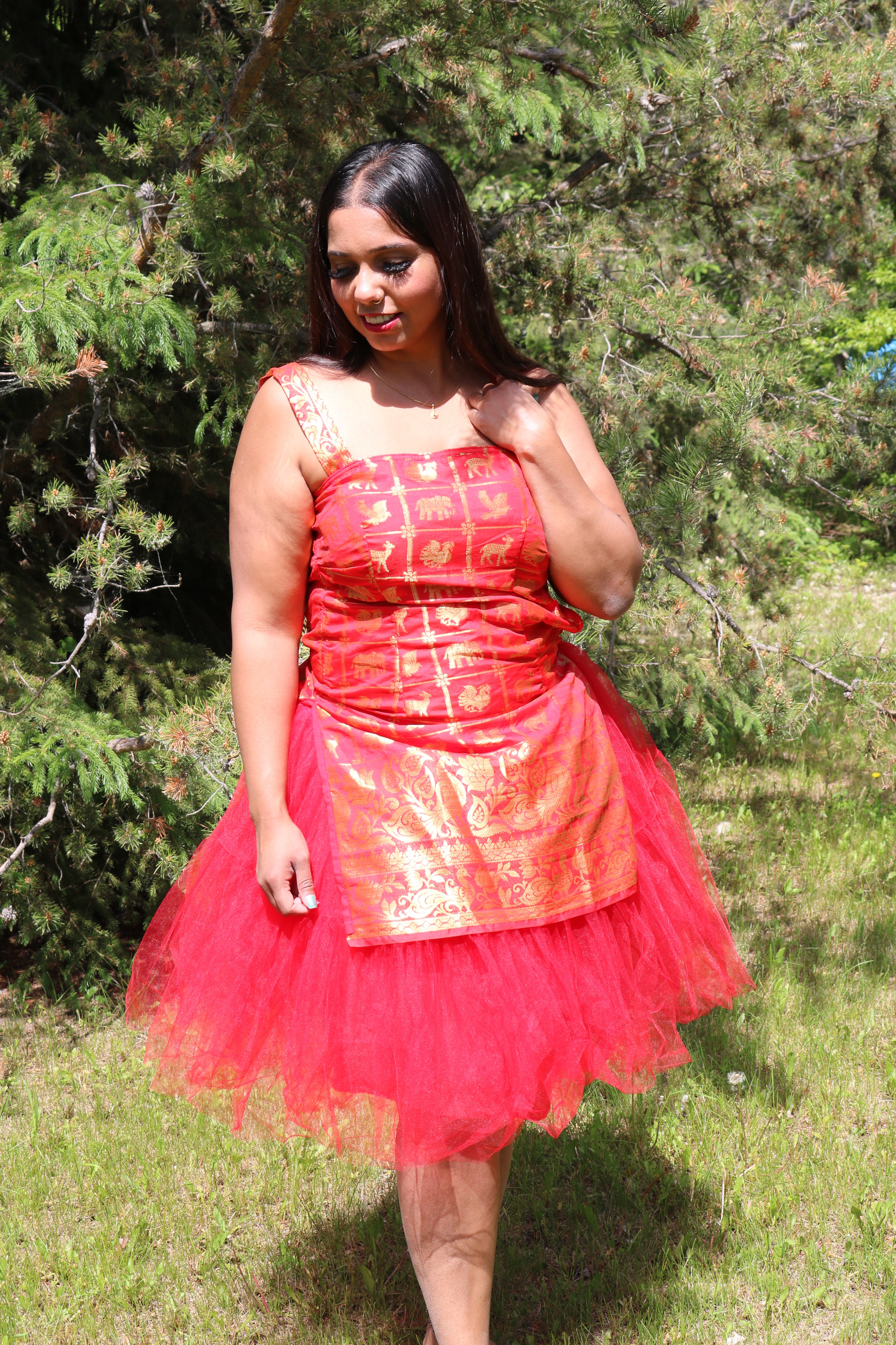 Golden Red Animals Above Knee Tulle Dress