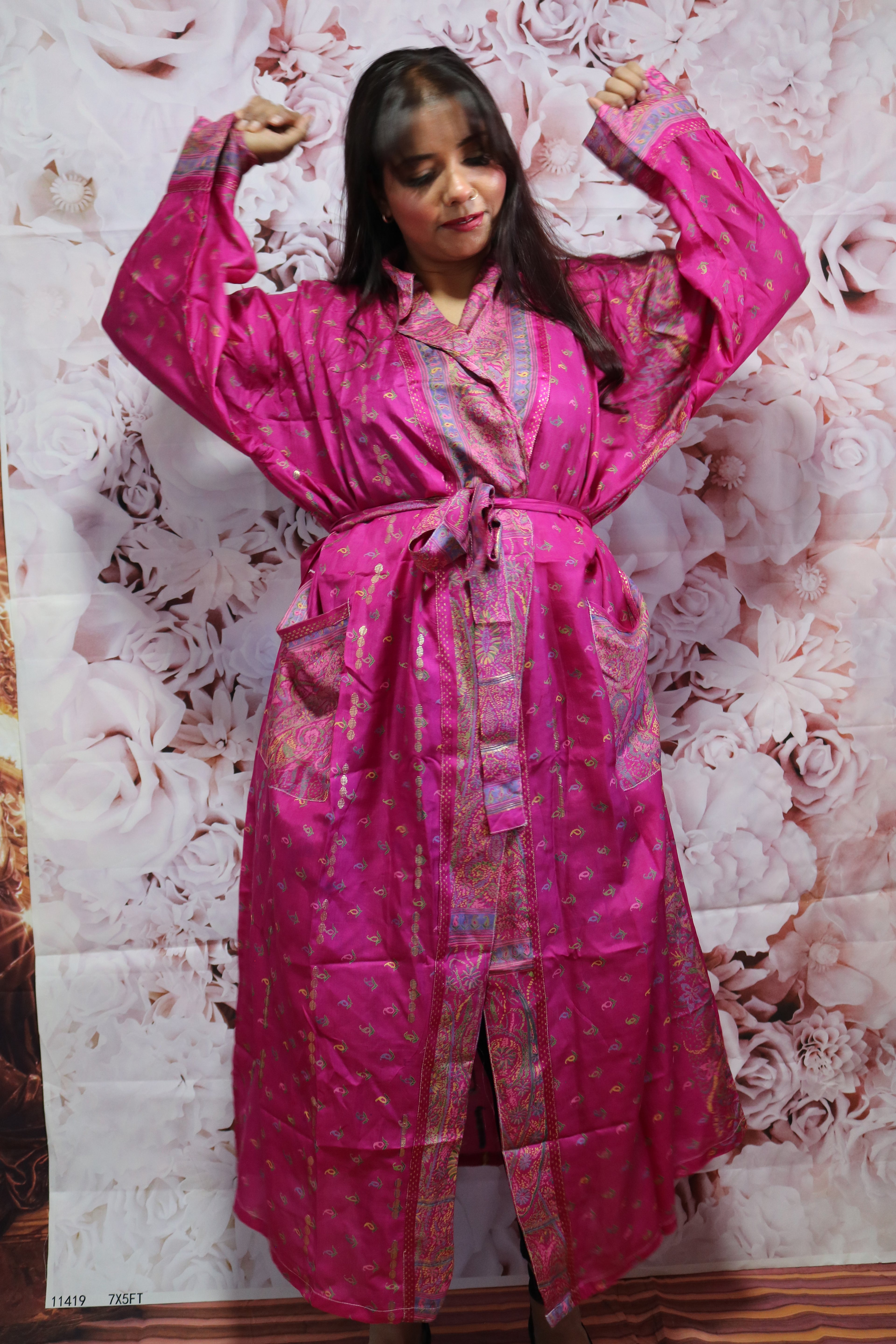 Berry Blush Silk Saree Kimono Robe