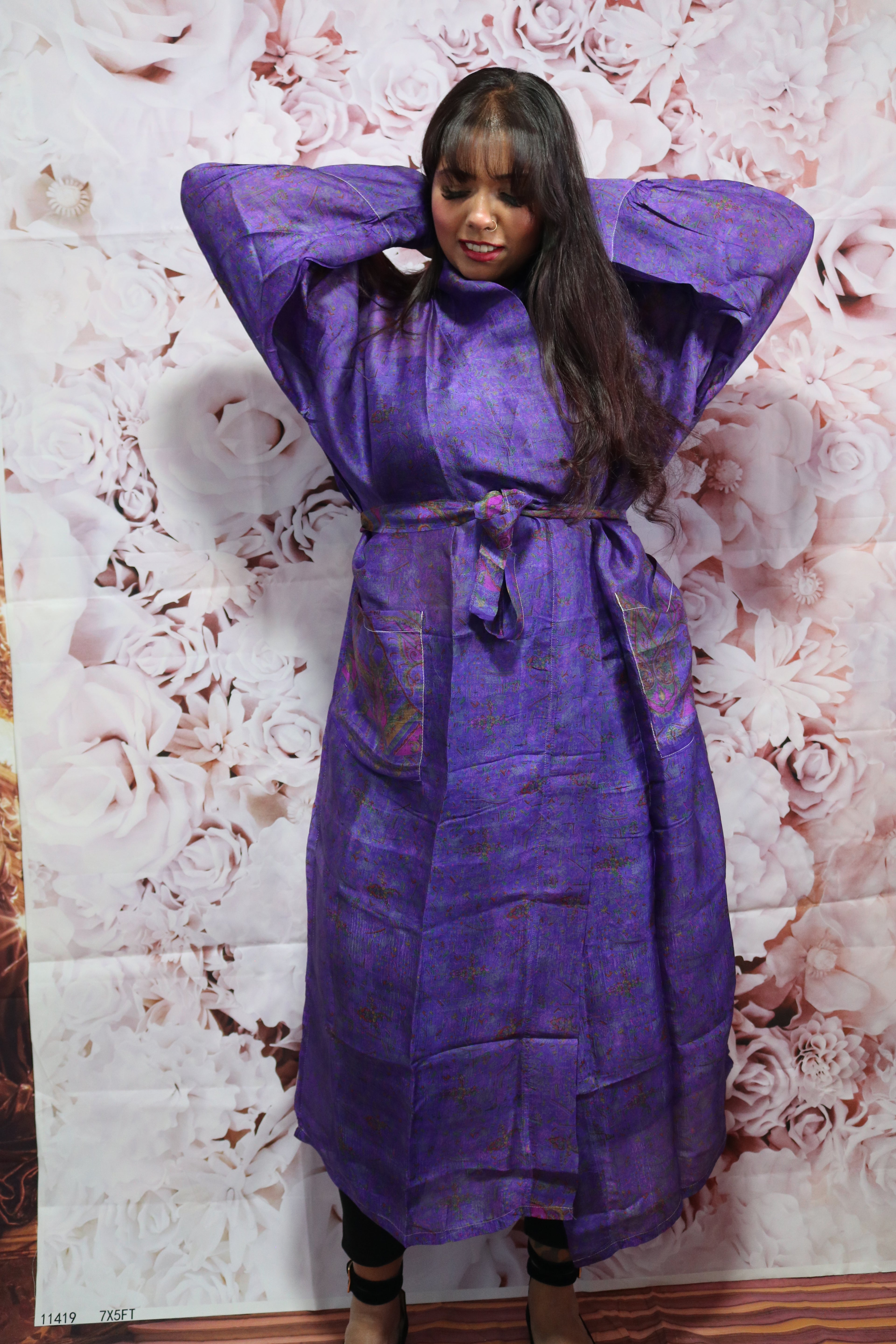 Amethyst Dusk Silk Saree Kimono Robe