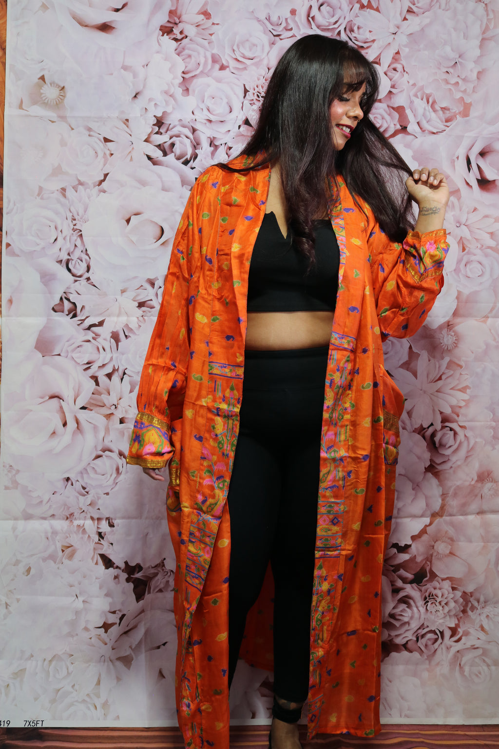 Saffron Ember Silk Saree Kimono Robe