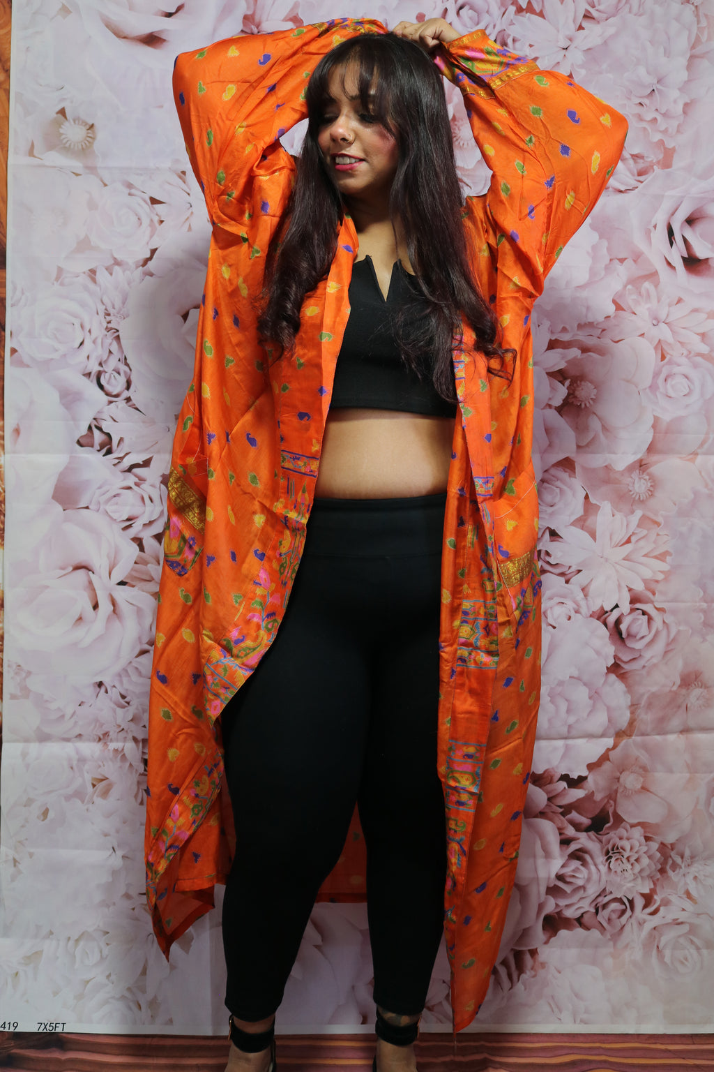 Saffron Ember Silk Saree Kimono Robe