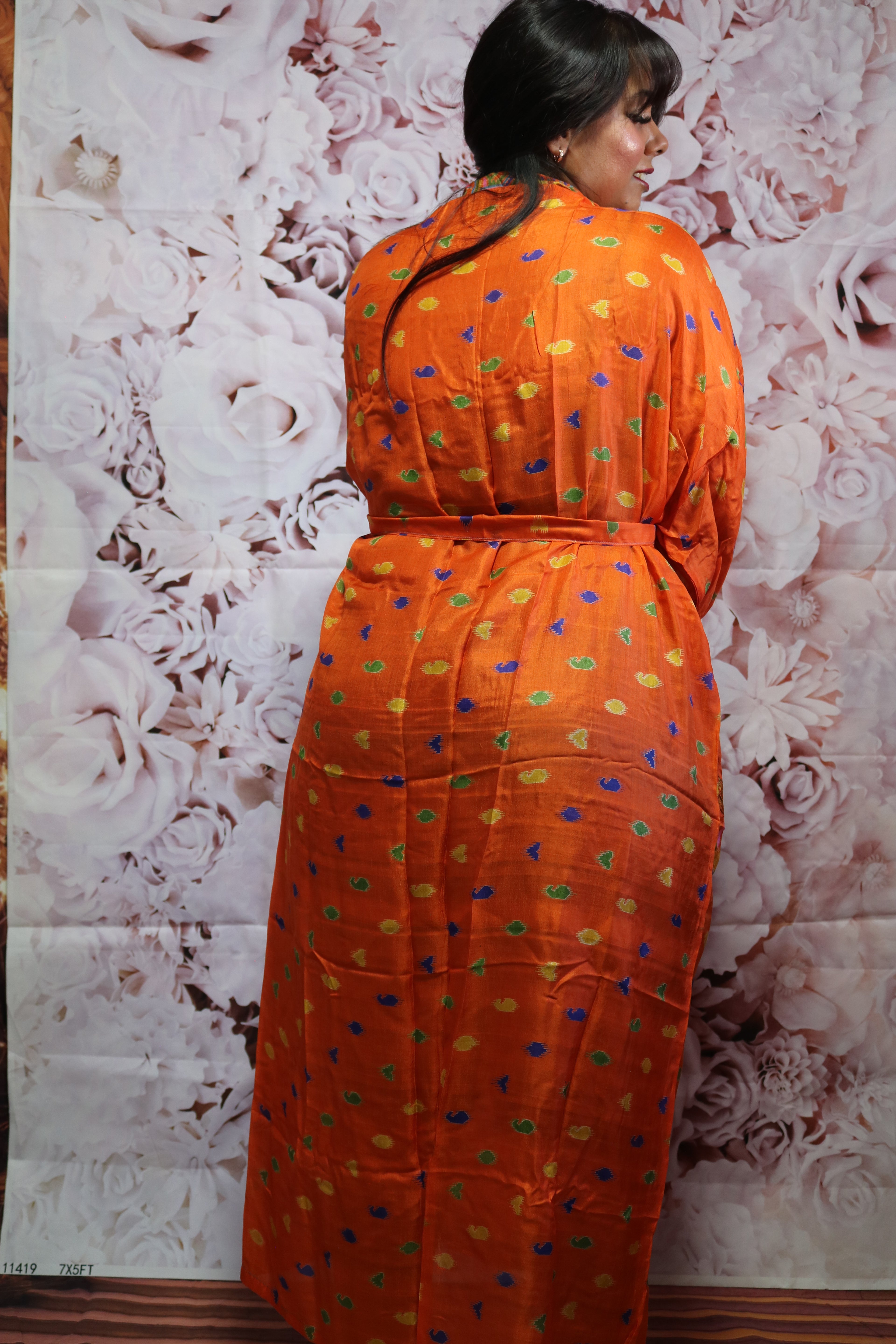 Saffron Ember Silk Saree Kimono Robe