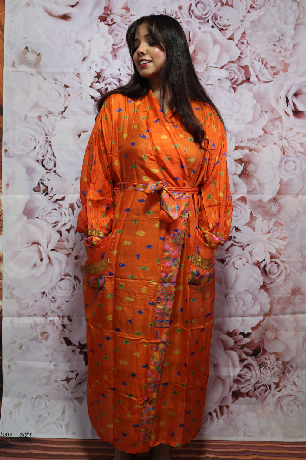 Saffron Ember Silk Saree Kimono Robe
