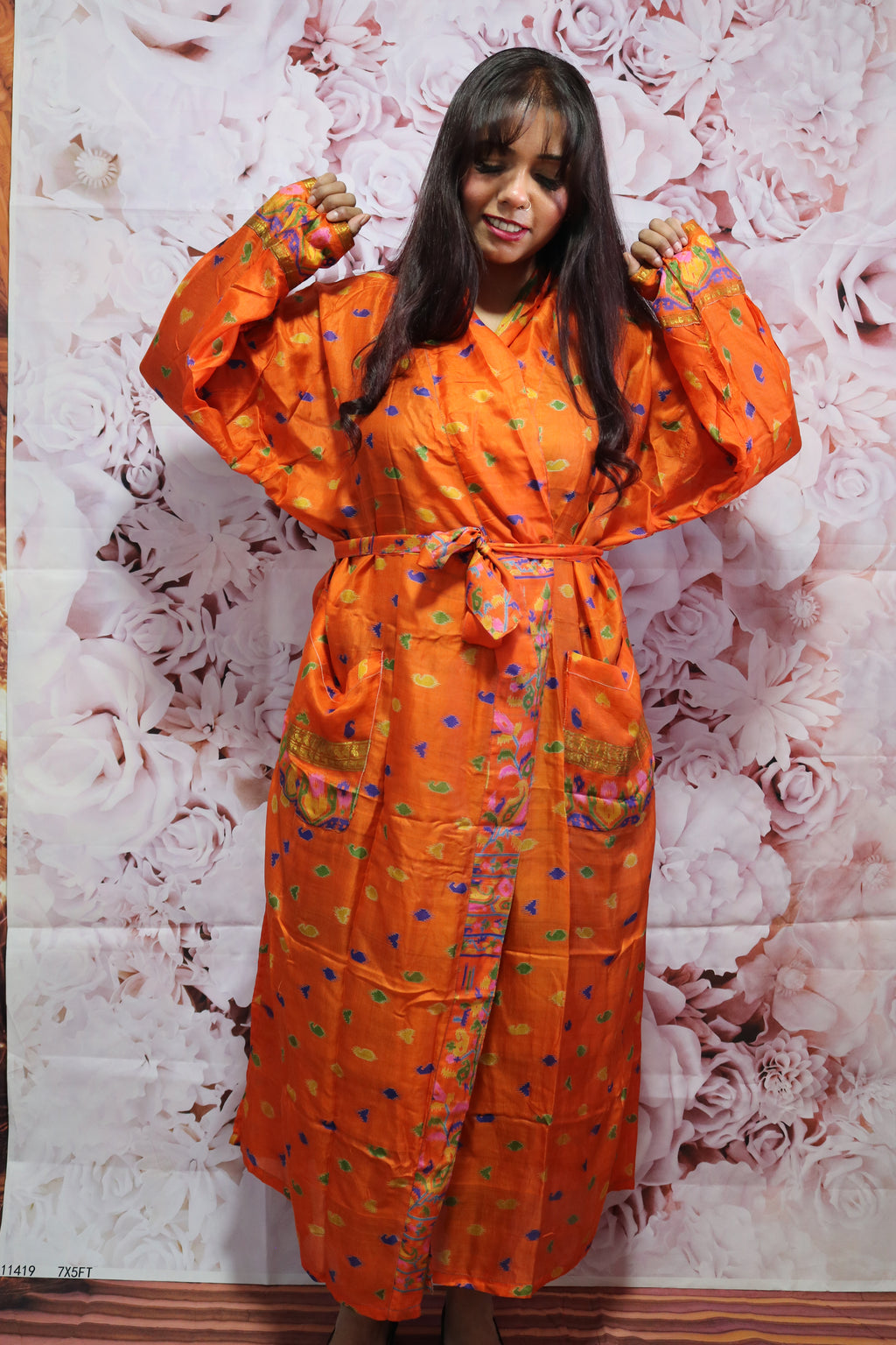 Saffron Ember Silk Saree Kimono Robe