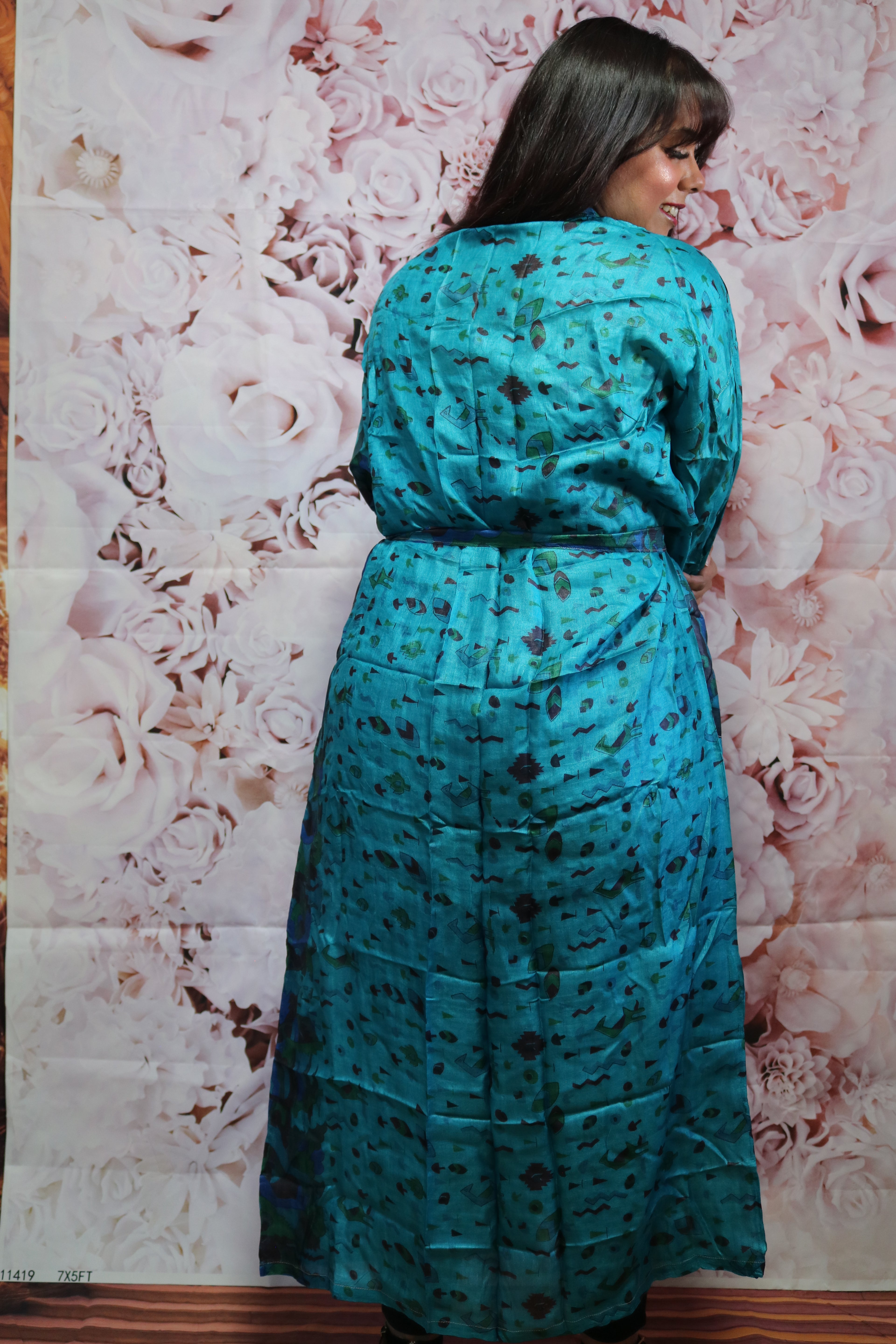 Deep Tide Silk Saree Kimono Robe