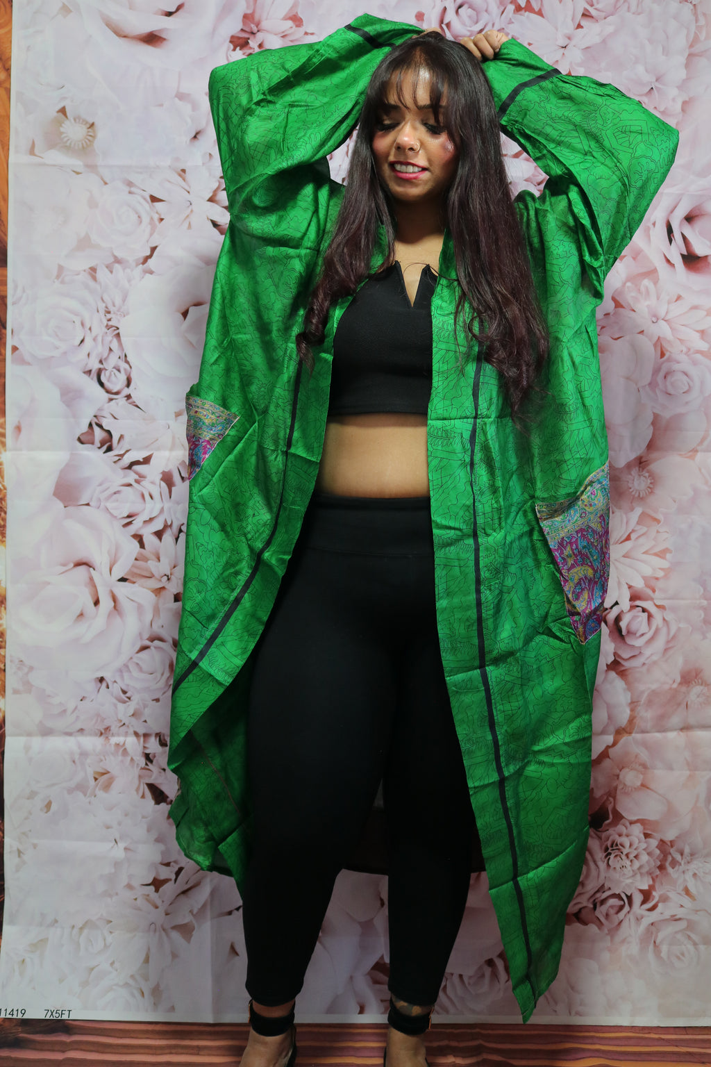 Meadow Whisper Silk Saree Kimono Robe