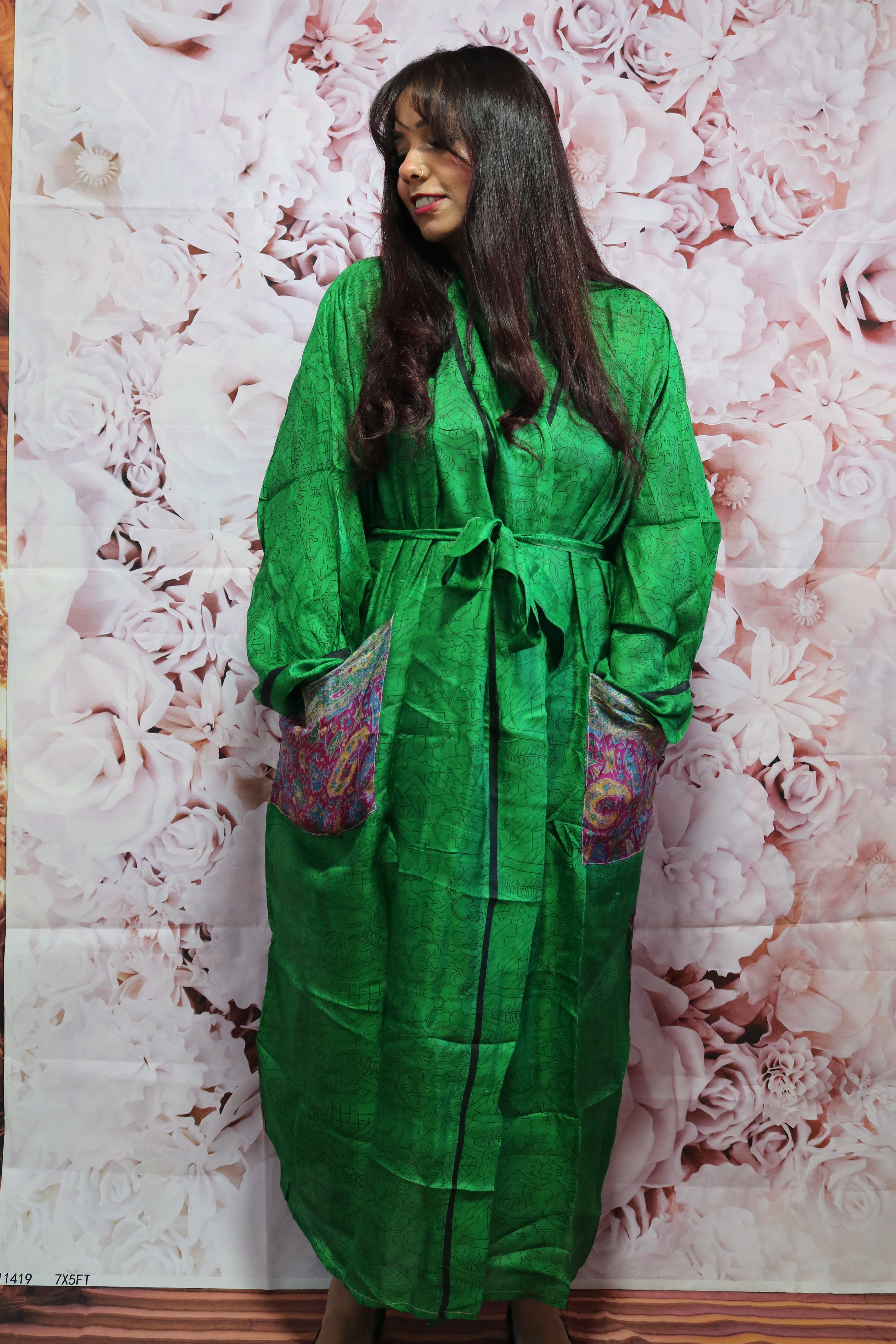 Meadow Whisper Silk Saree Kimono Robe