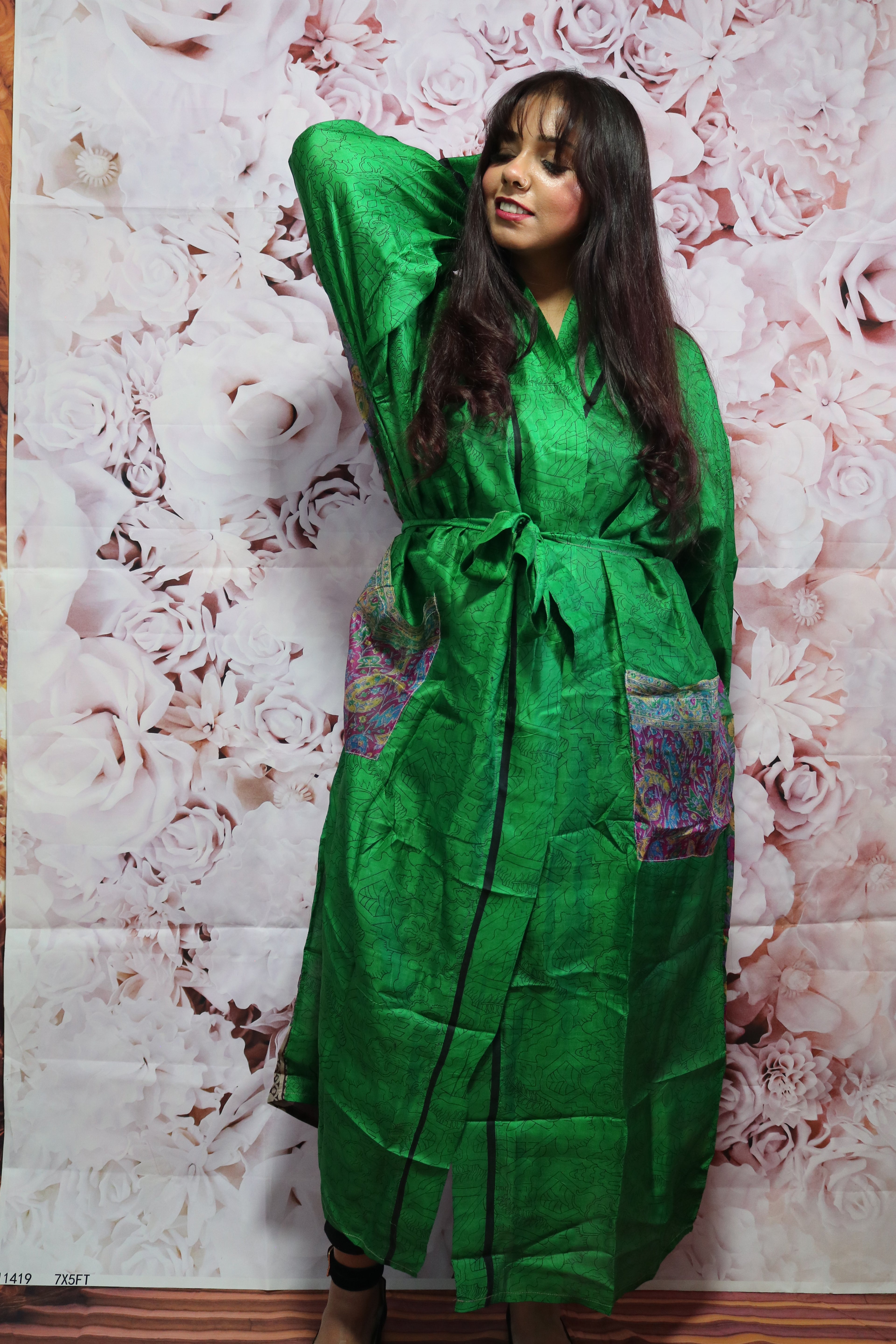 Meadow Whisper Silk Saree Kimono Robe