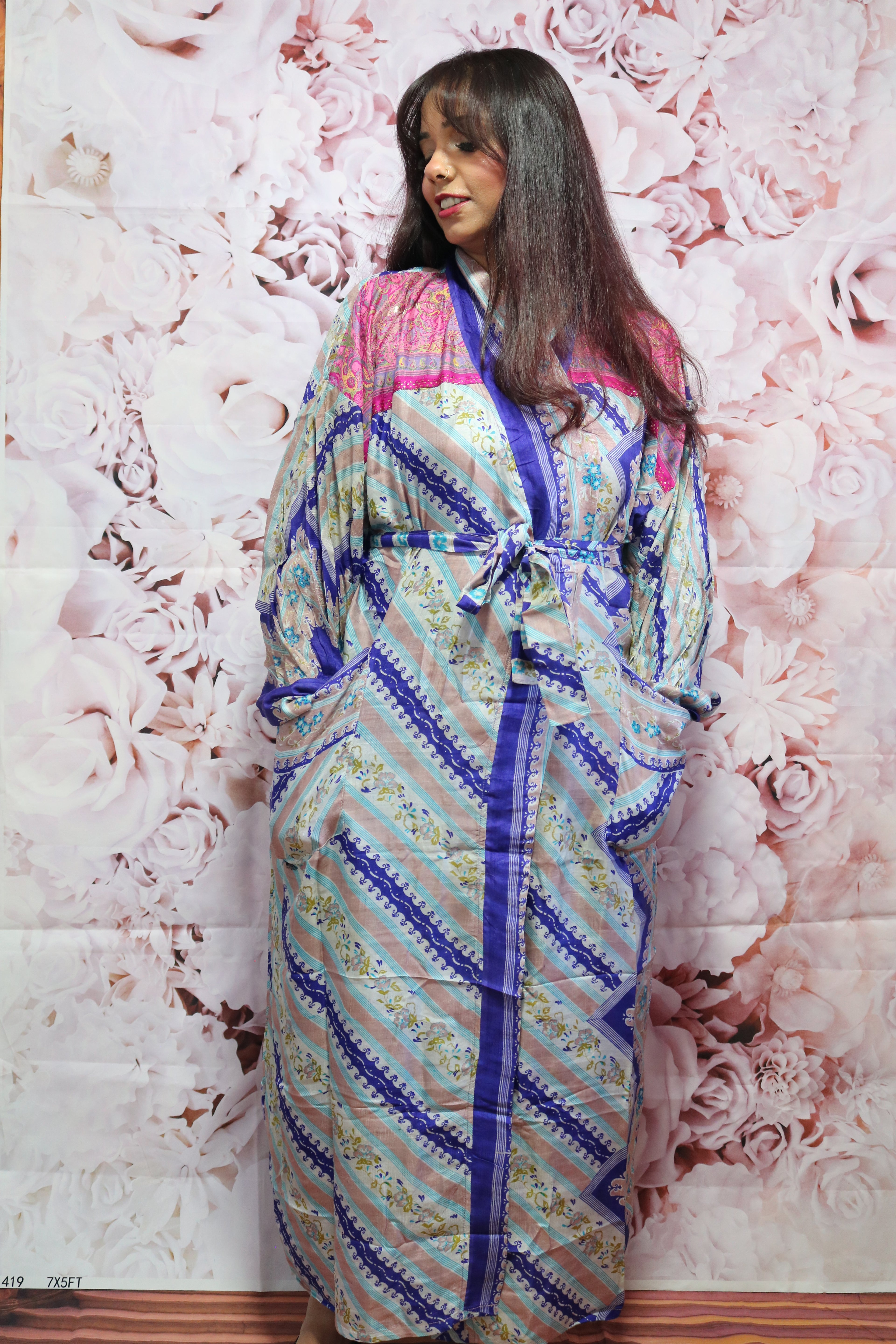 Abstract Harmony Silk Saree Kimono Robe