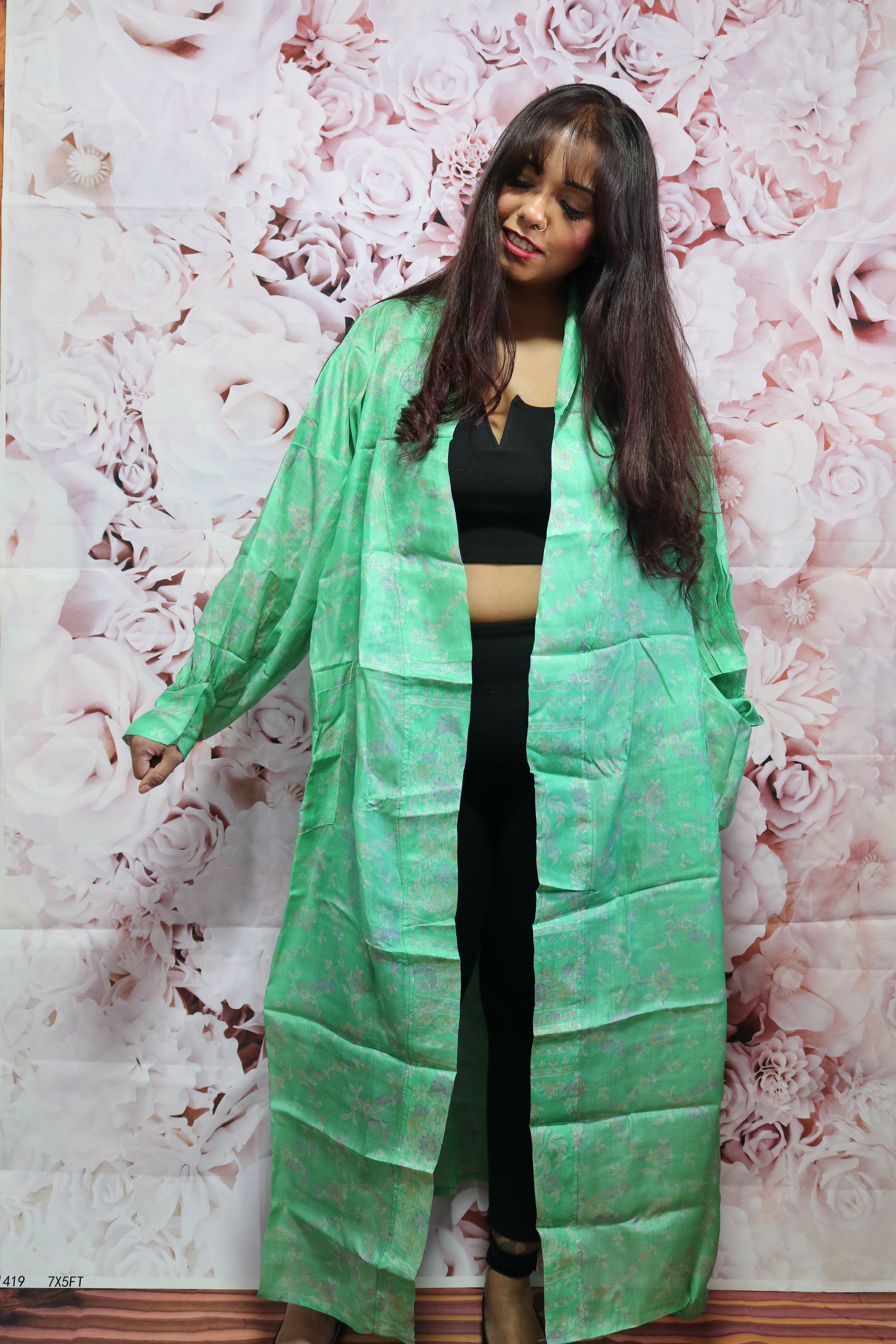 Minty Business Silk Saree Kimono Robe