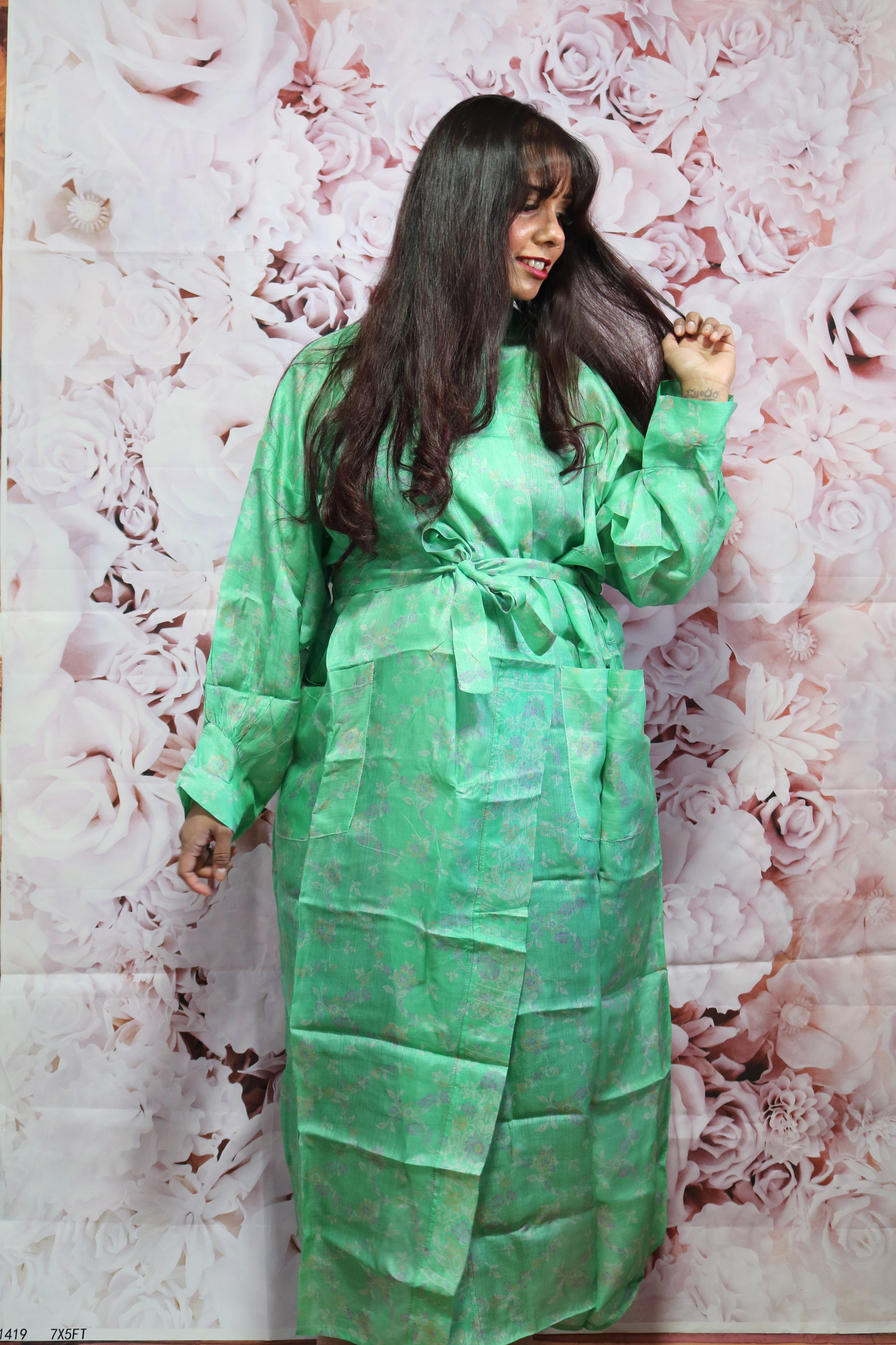 Minty Business Silk Saree Kimono Robe