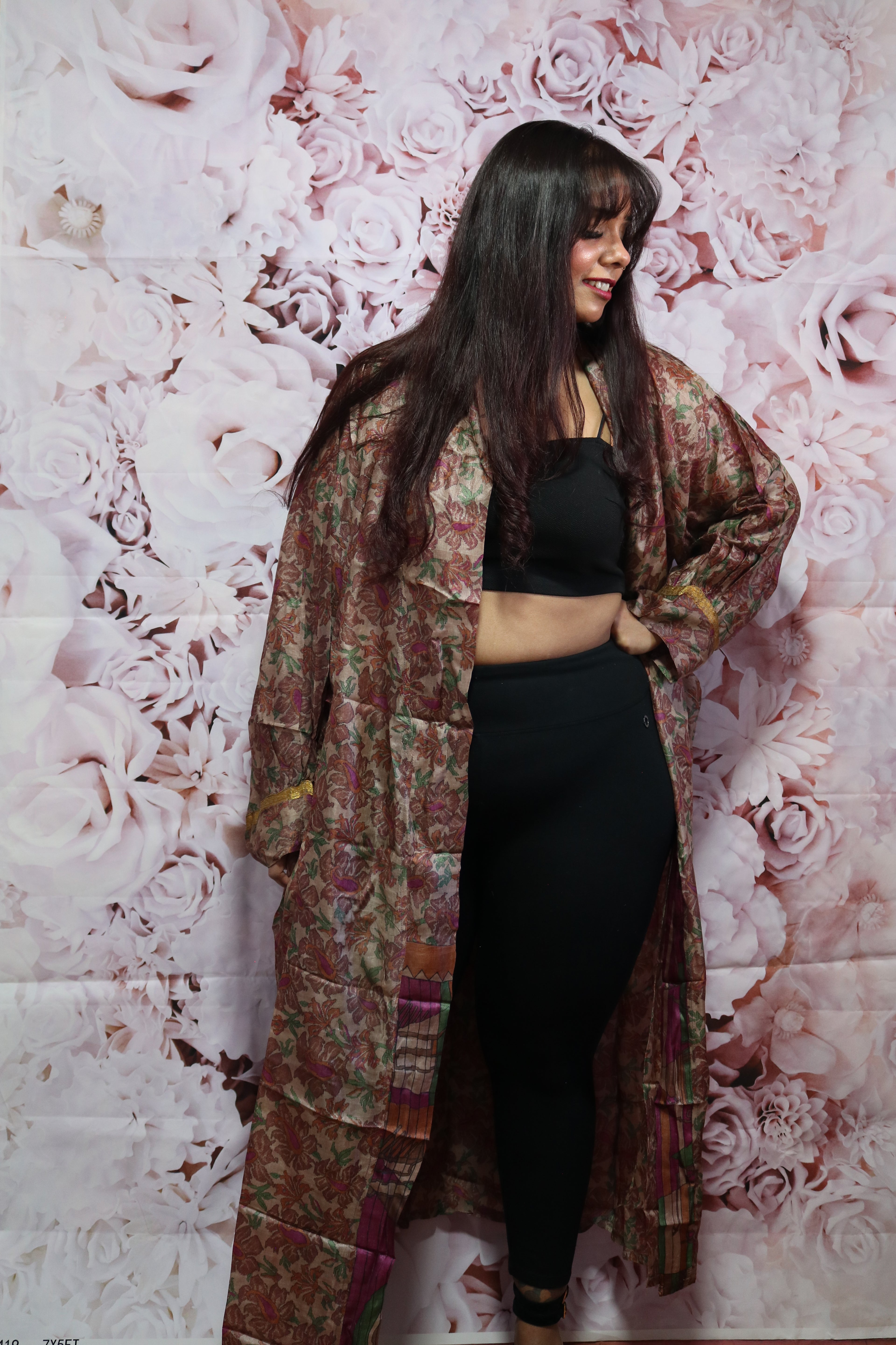 Earthy Bloom Silk Saree Kimono Robe