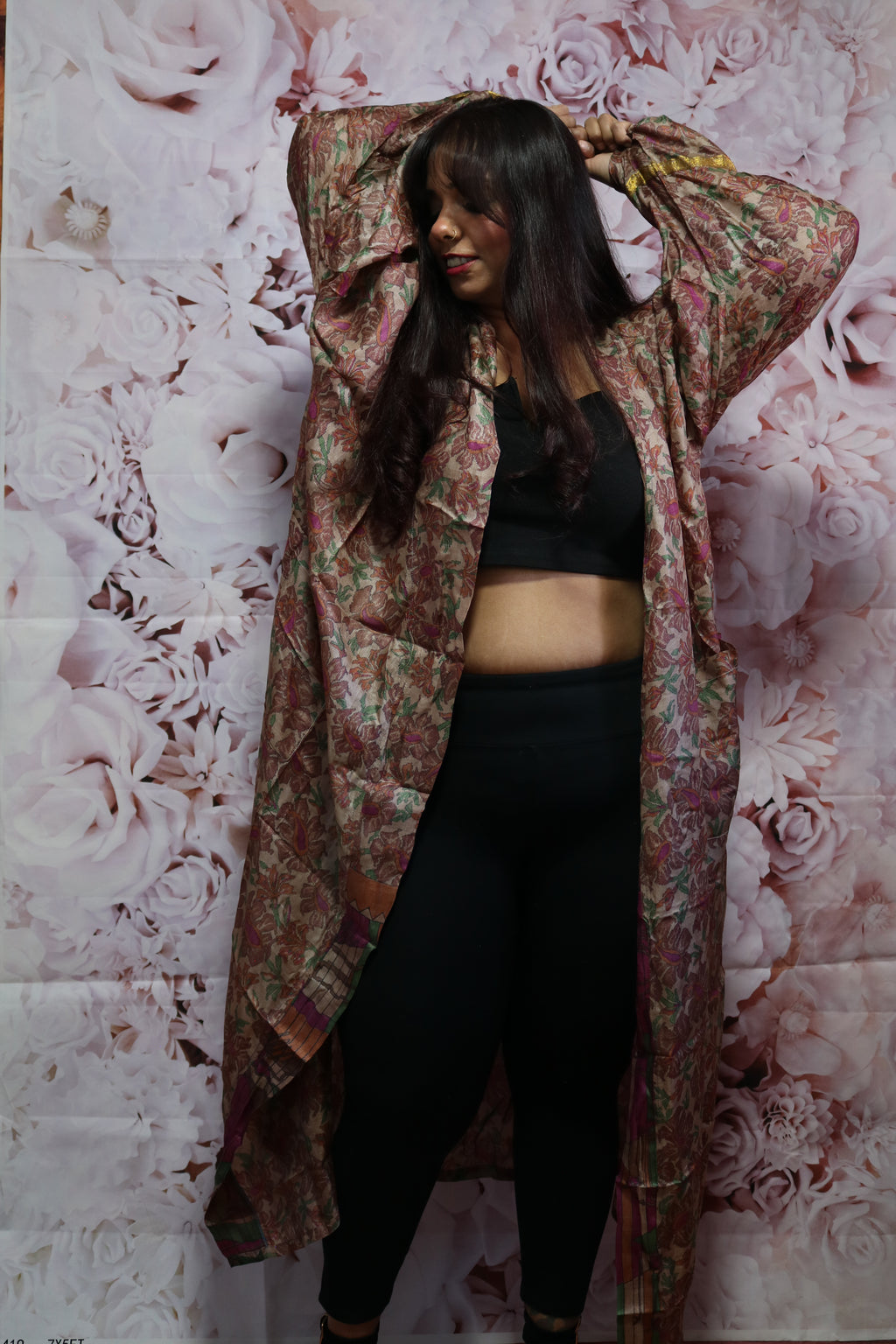 Earthy Bloom Silk Saree Kimono Robe