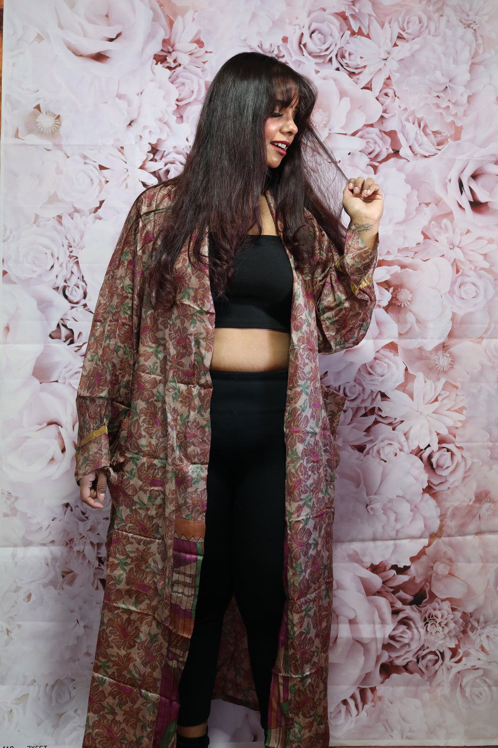 Earthy Bloom Silk Saree Kimono Robe