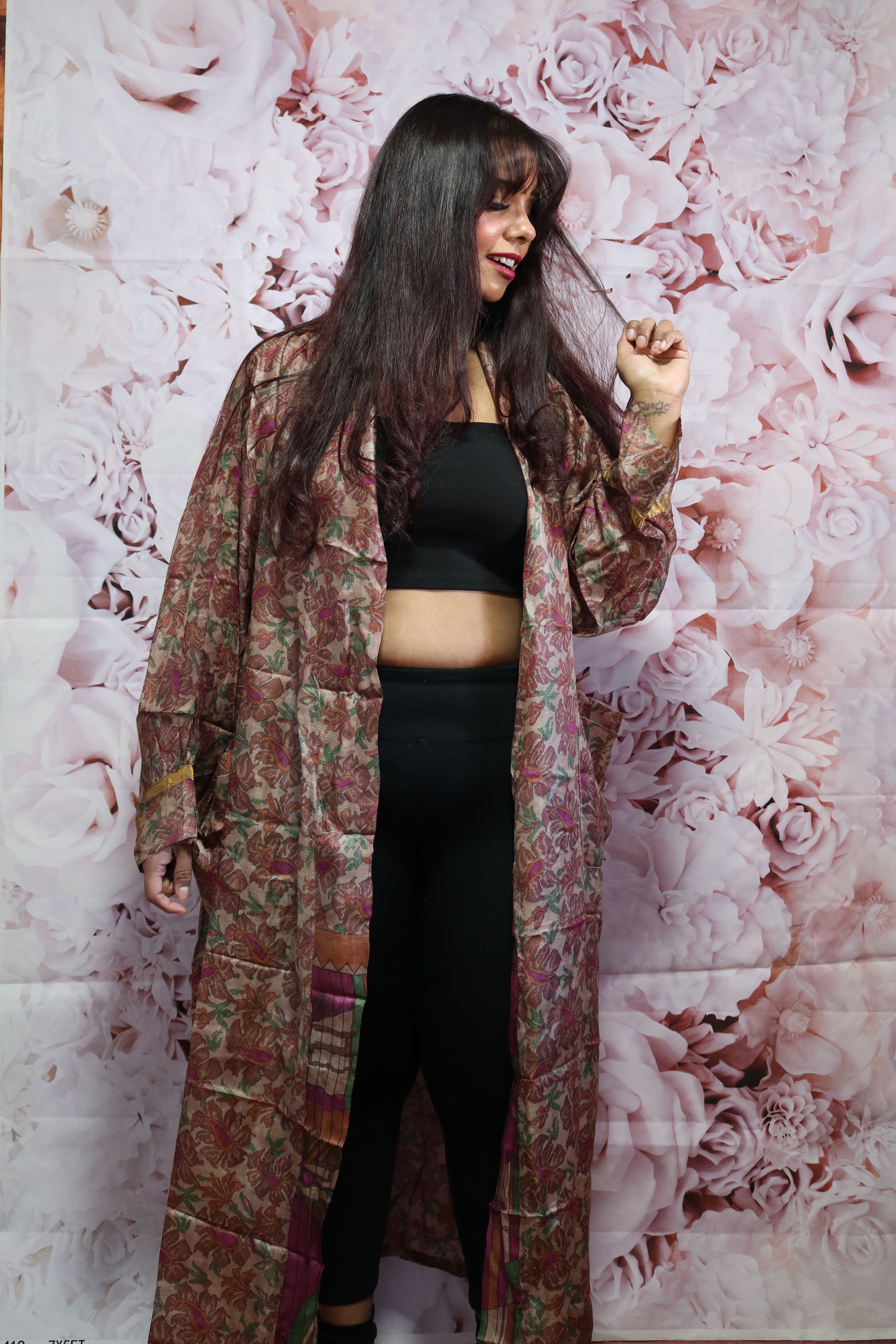 Earthy Bloom Silk Saree Kimono Robe