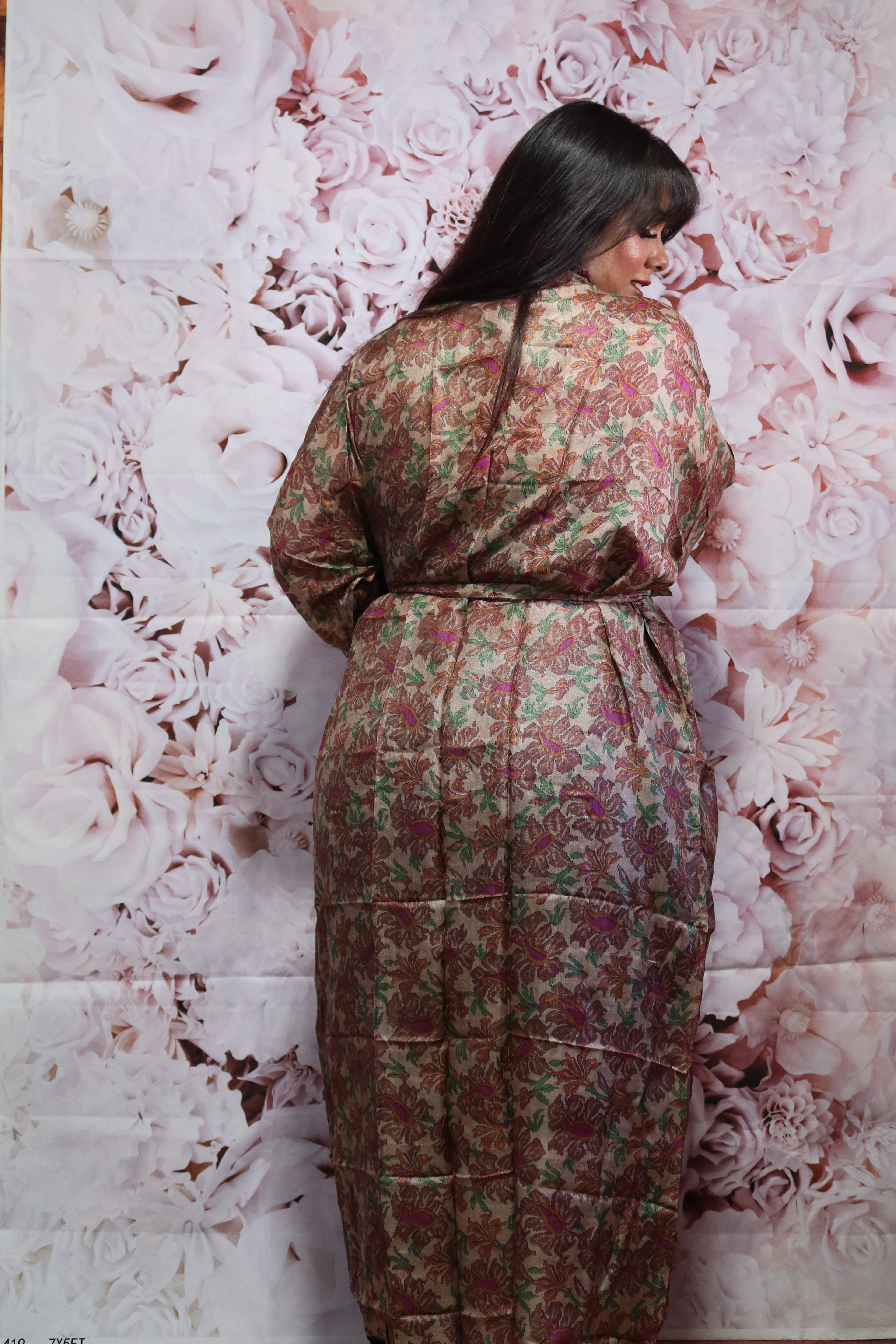 Earthy Bloom Silk Saree Kimono Robe