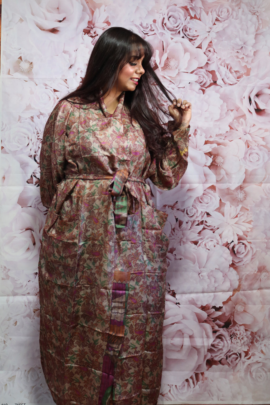 Earthy Bloom Silk Saree Kimono Robe