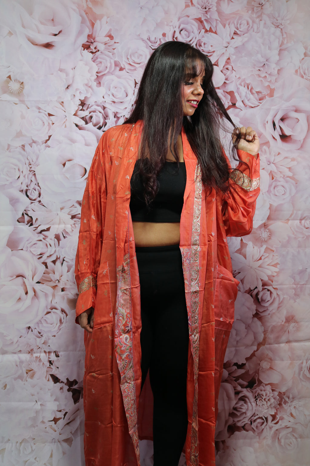 Tangerine Love Silk Saree Kimono Robe