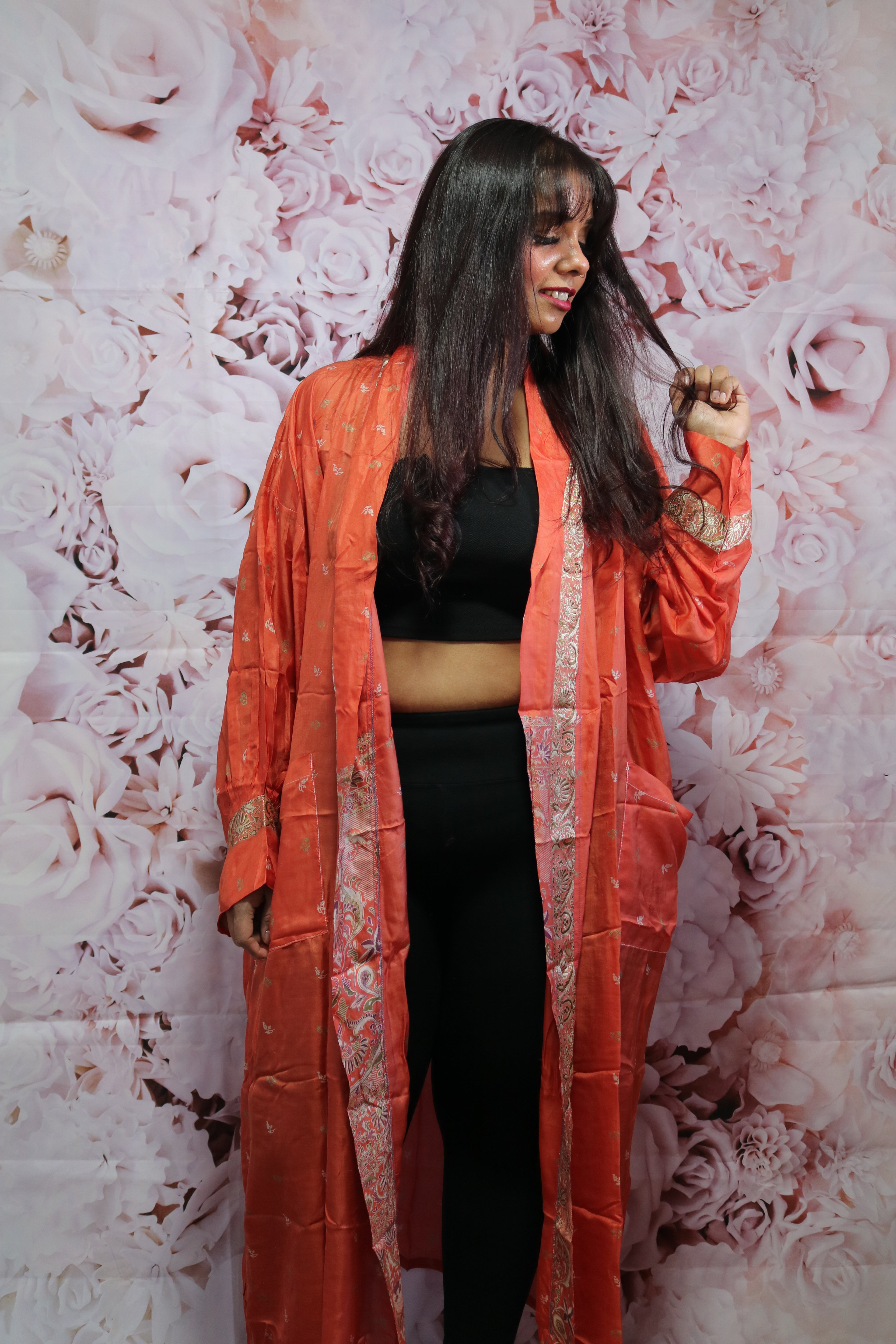 Tangerine Love Silk Saree Kimono Robe