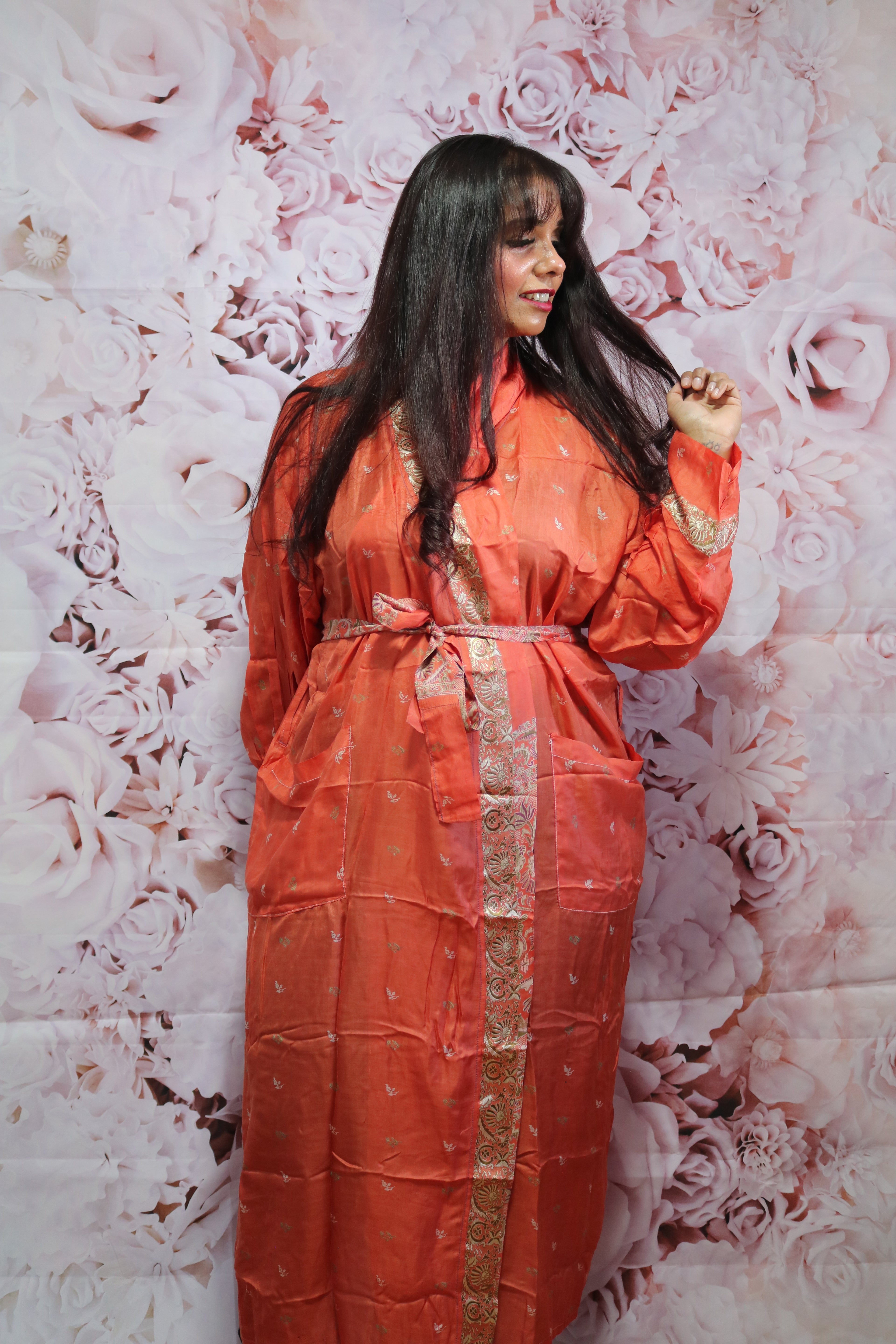 Tangerine Love Silk Saree Kimono Robe