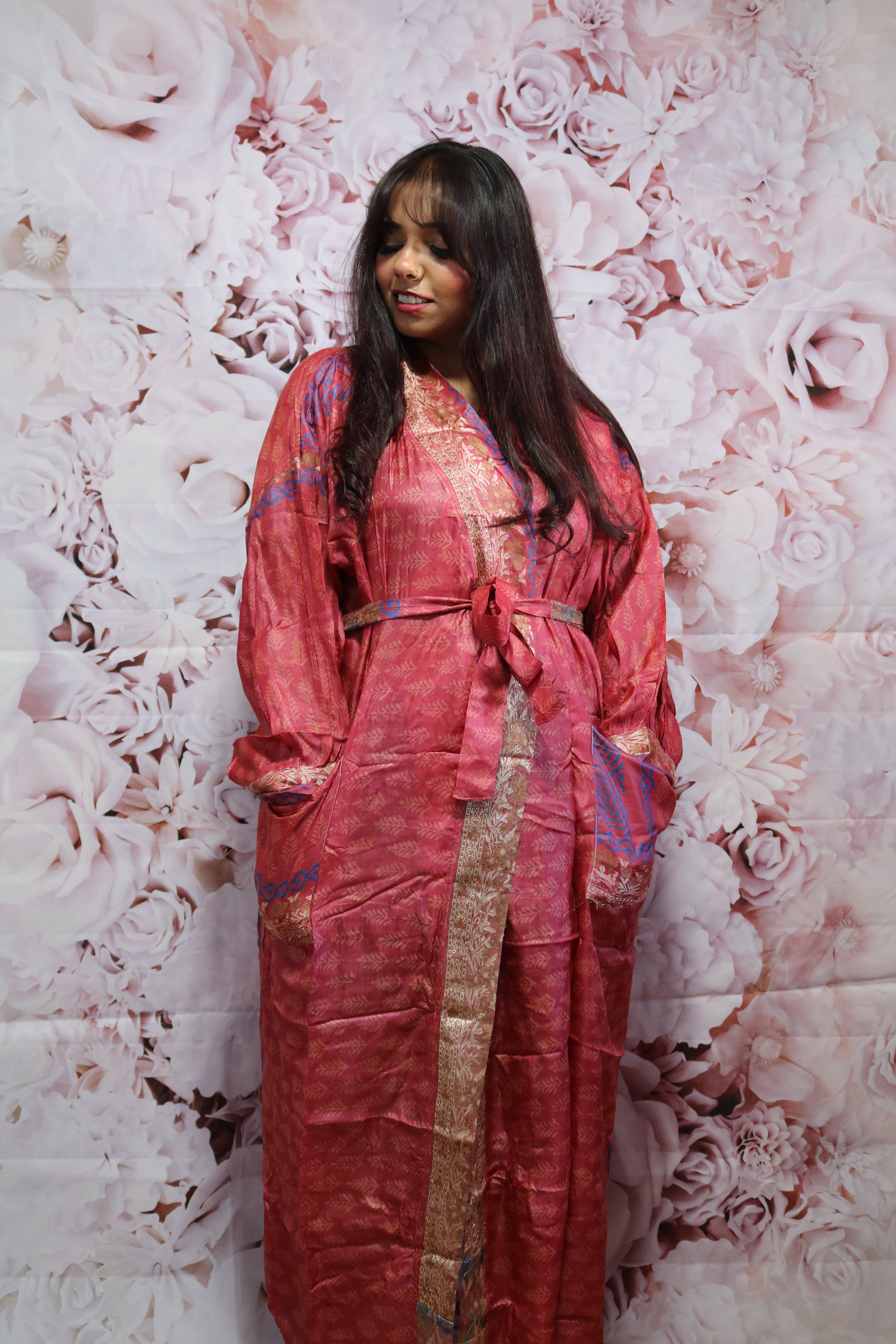 Peachy Love Silk Saree Kimono Robe