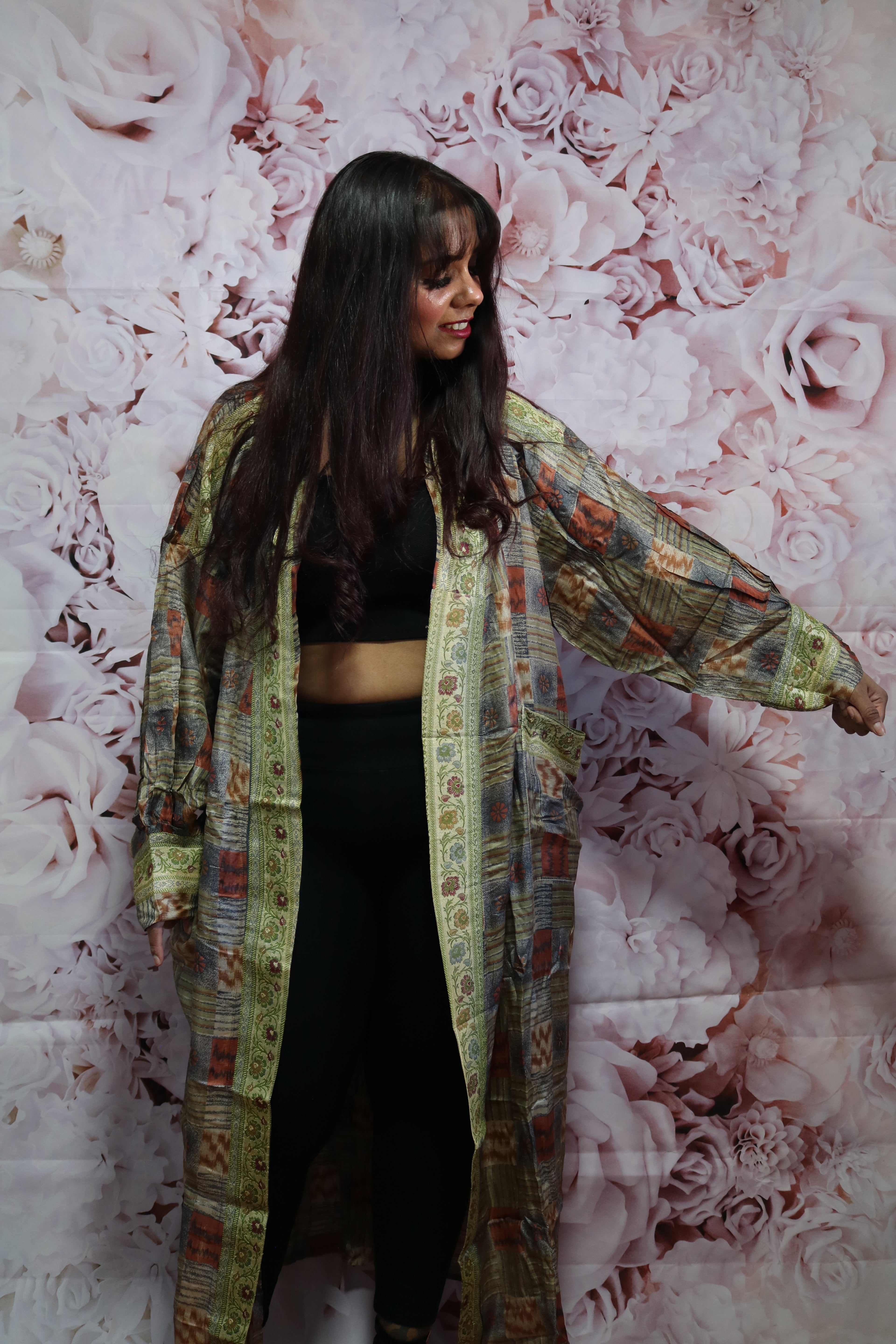 Moonlight Grey Silk Saree Kimono Robe