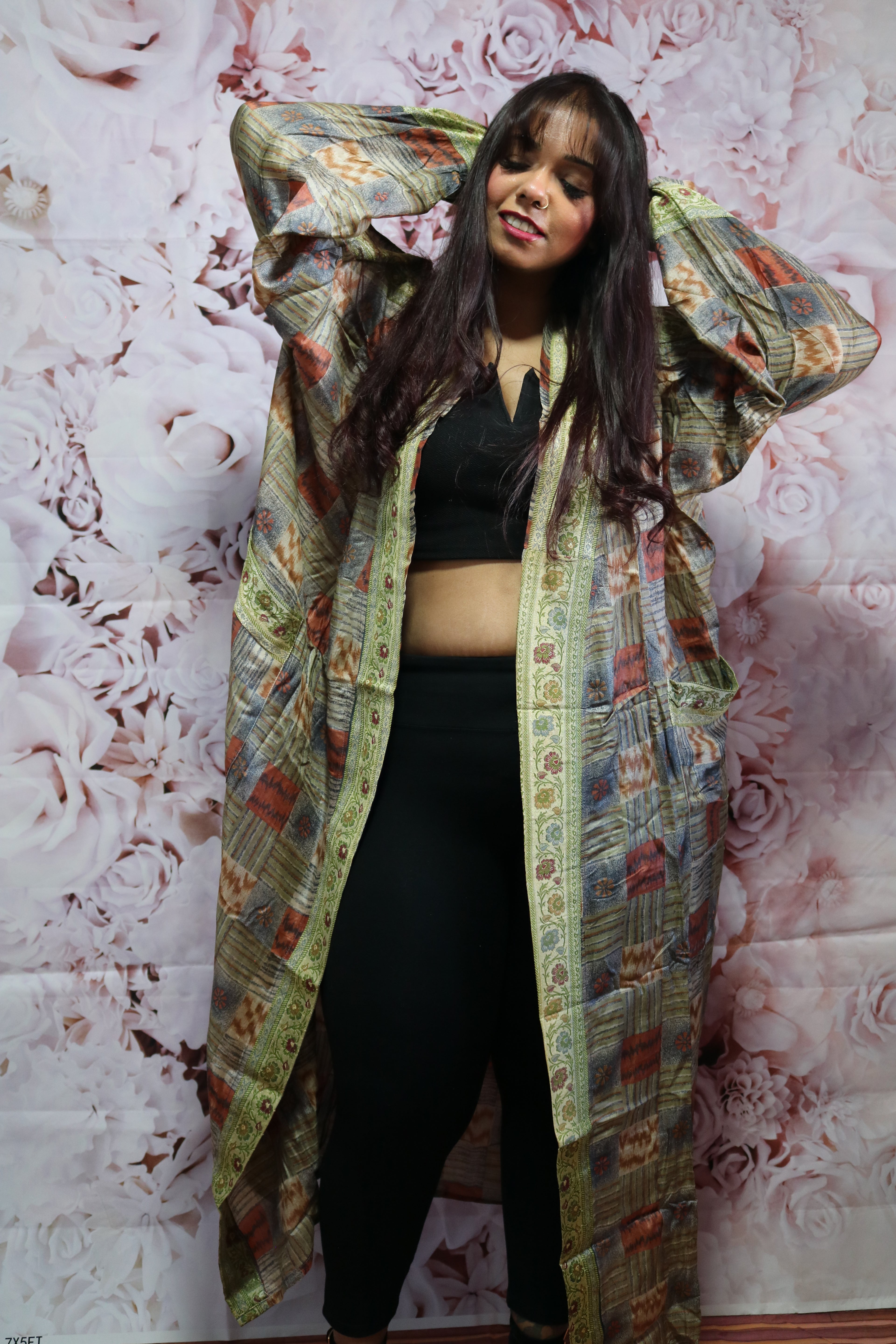 Moonlight Grey Silk Saree Kimono Robe