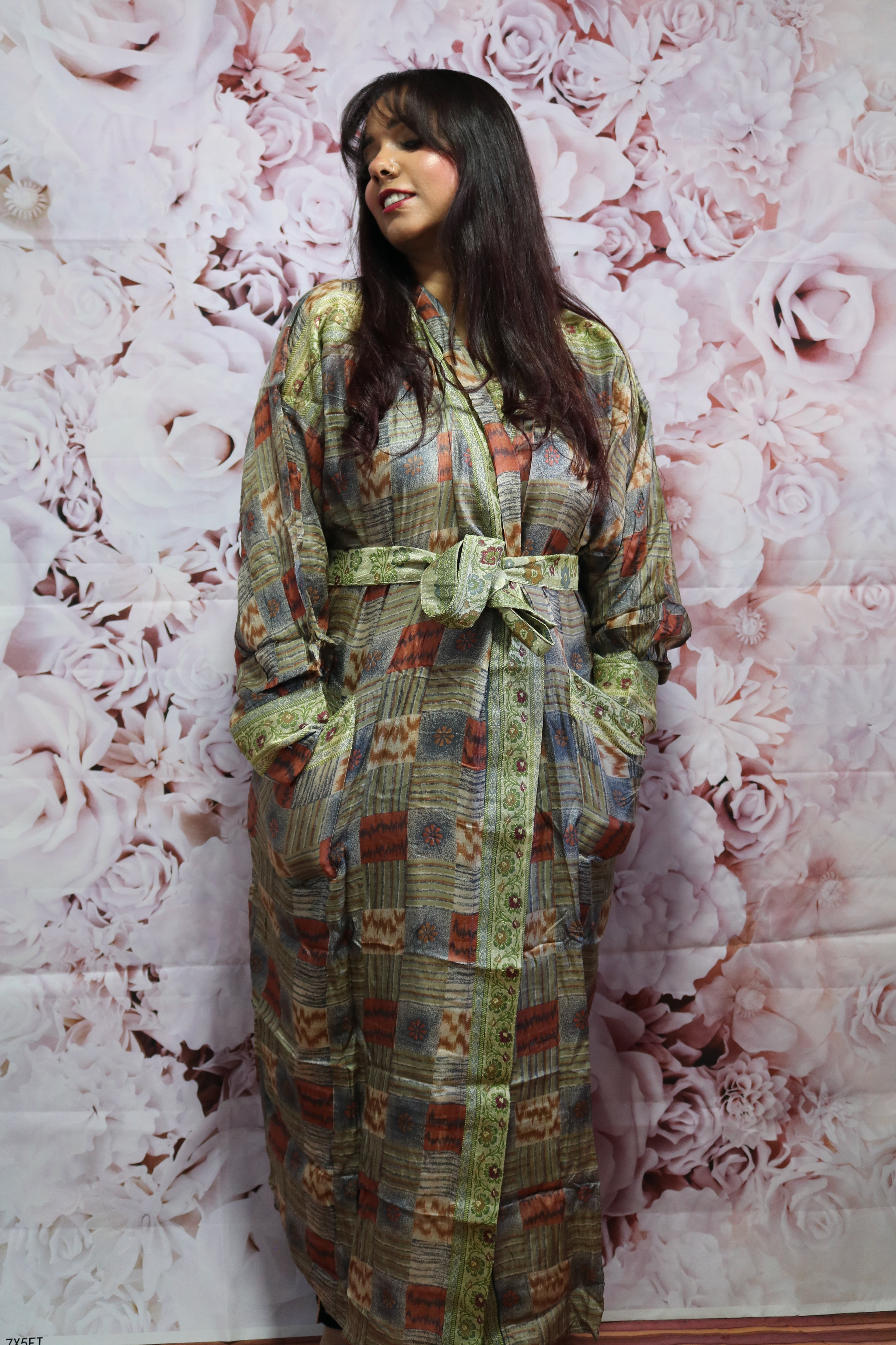 Moonlight Grey Silk Saree Kimono Robe