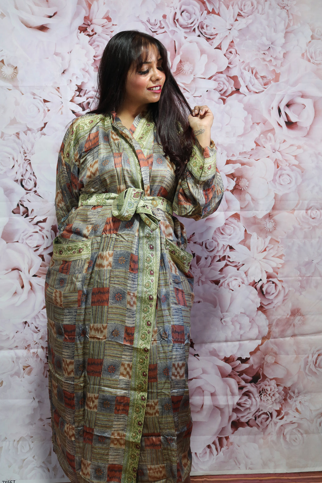 Moonlight Grey Silk Saree Kimono Robe