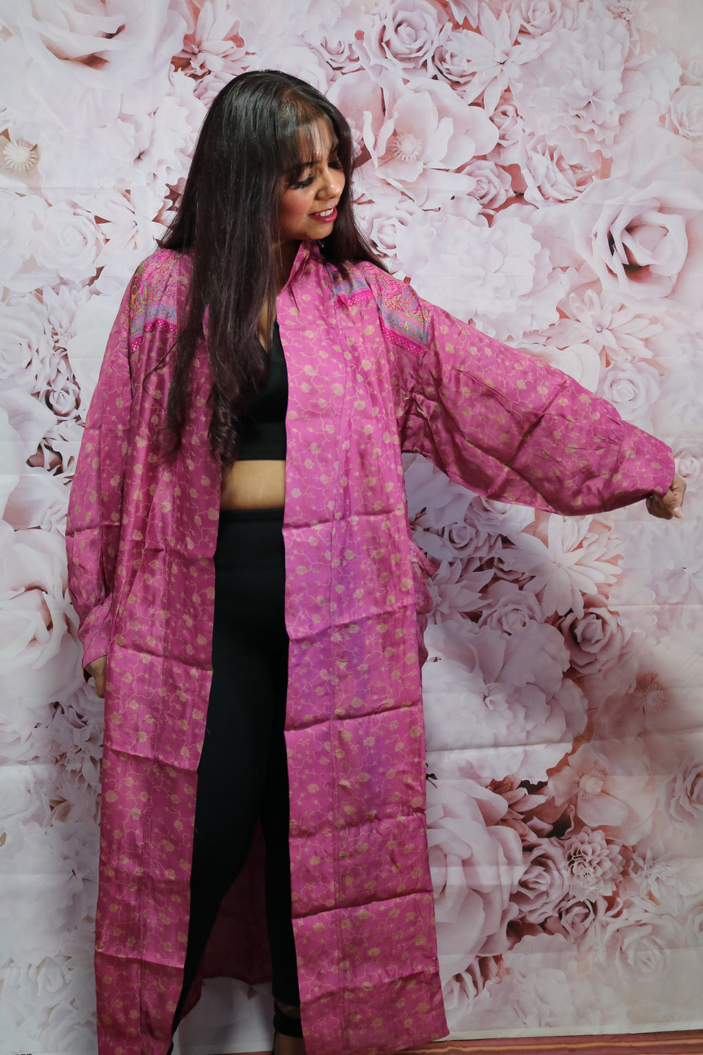 Pink Blossoms Silk Saree Kimono Robe