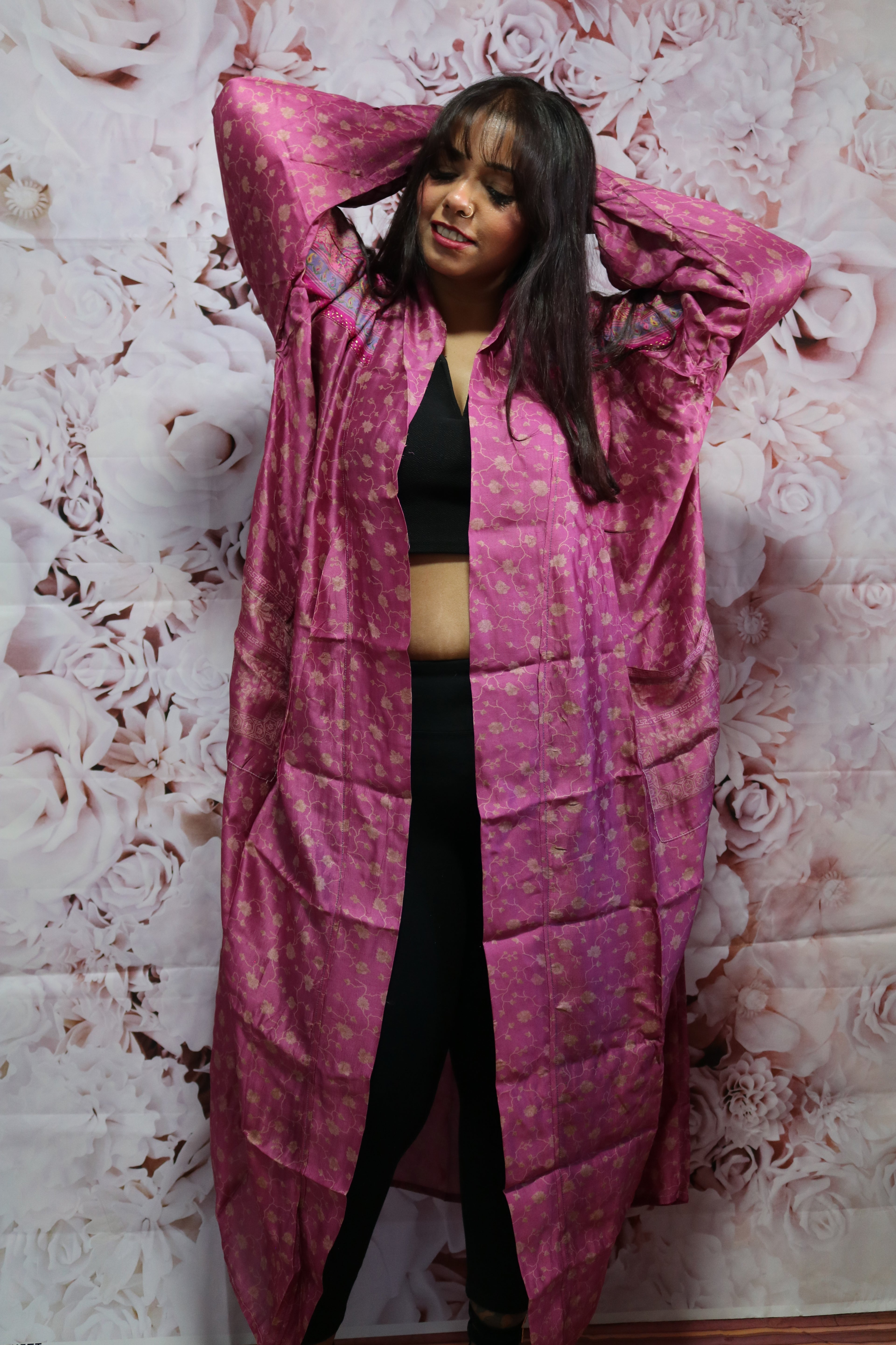 Pink Blossoms Silk Saree Kimono Robe