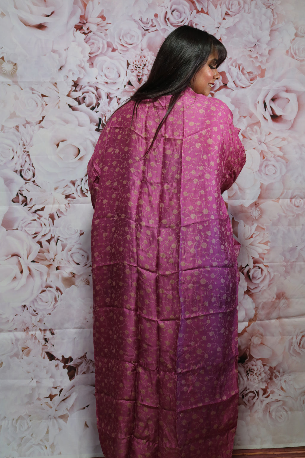 Pink Blossoms Silk Saree Kimono Robe
