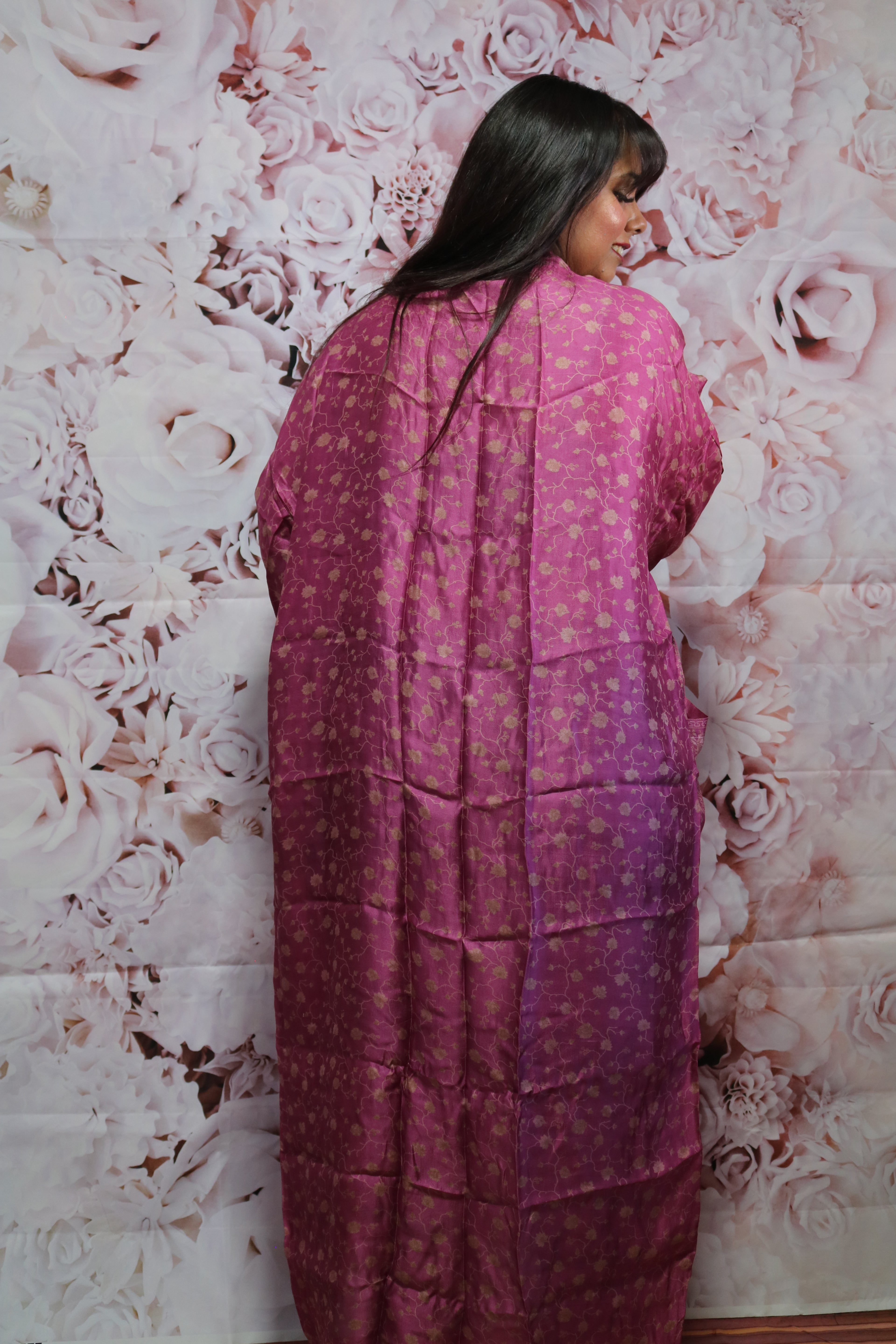Pink Blossoms Silk Saree Kimono Robe