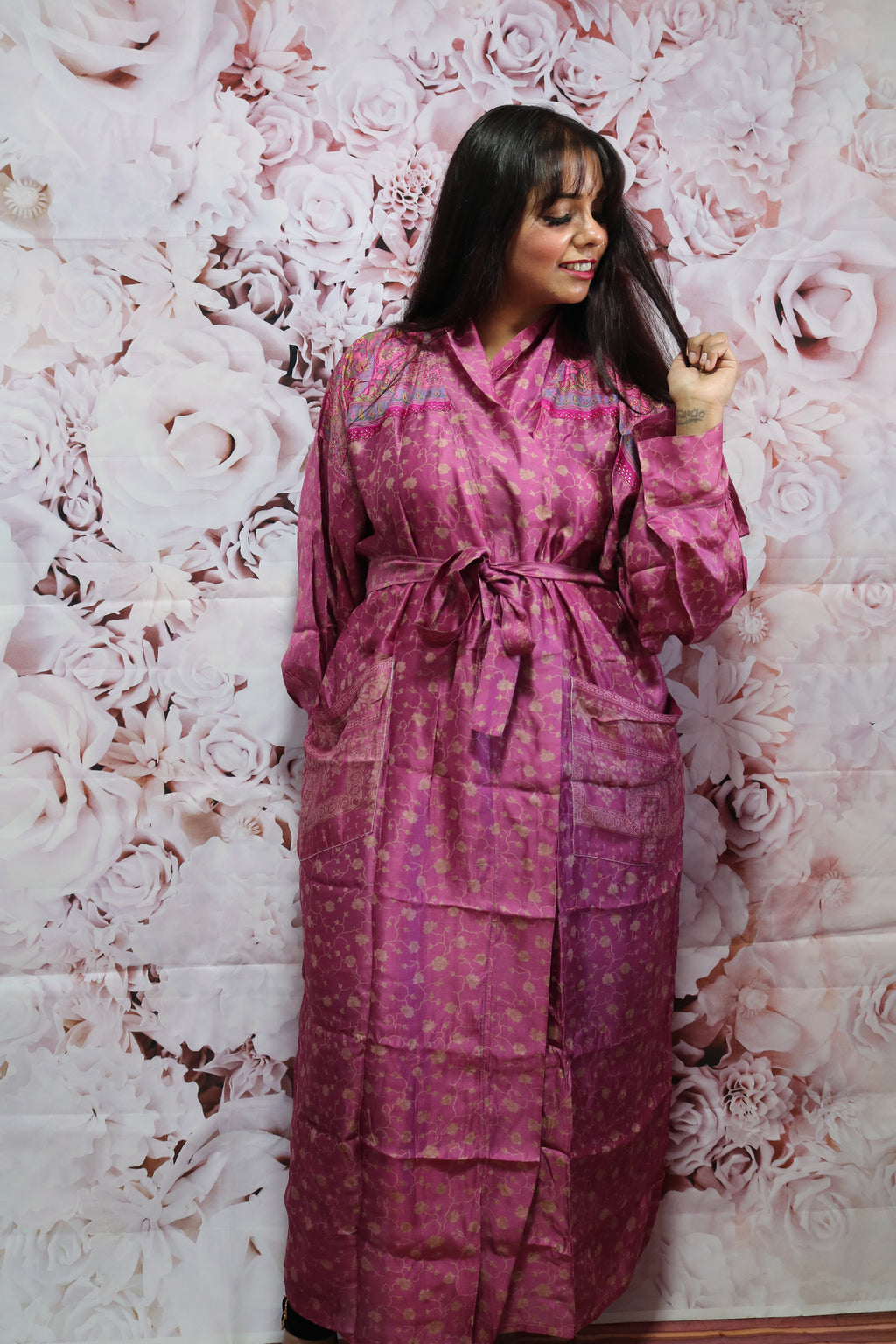 Pink Blossoms Silk Saree Kimono Robe